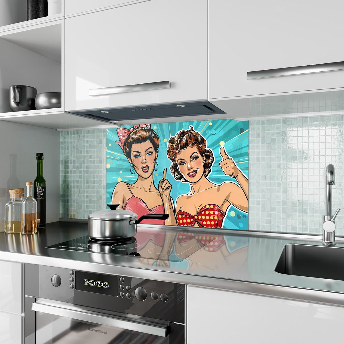 Küchenrückwand aus Glas Retro Freundinnen im Hochformat als Spritzschutz hinter dem Kochfeld, über dem Fliesenspiegel montiert