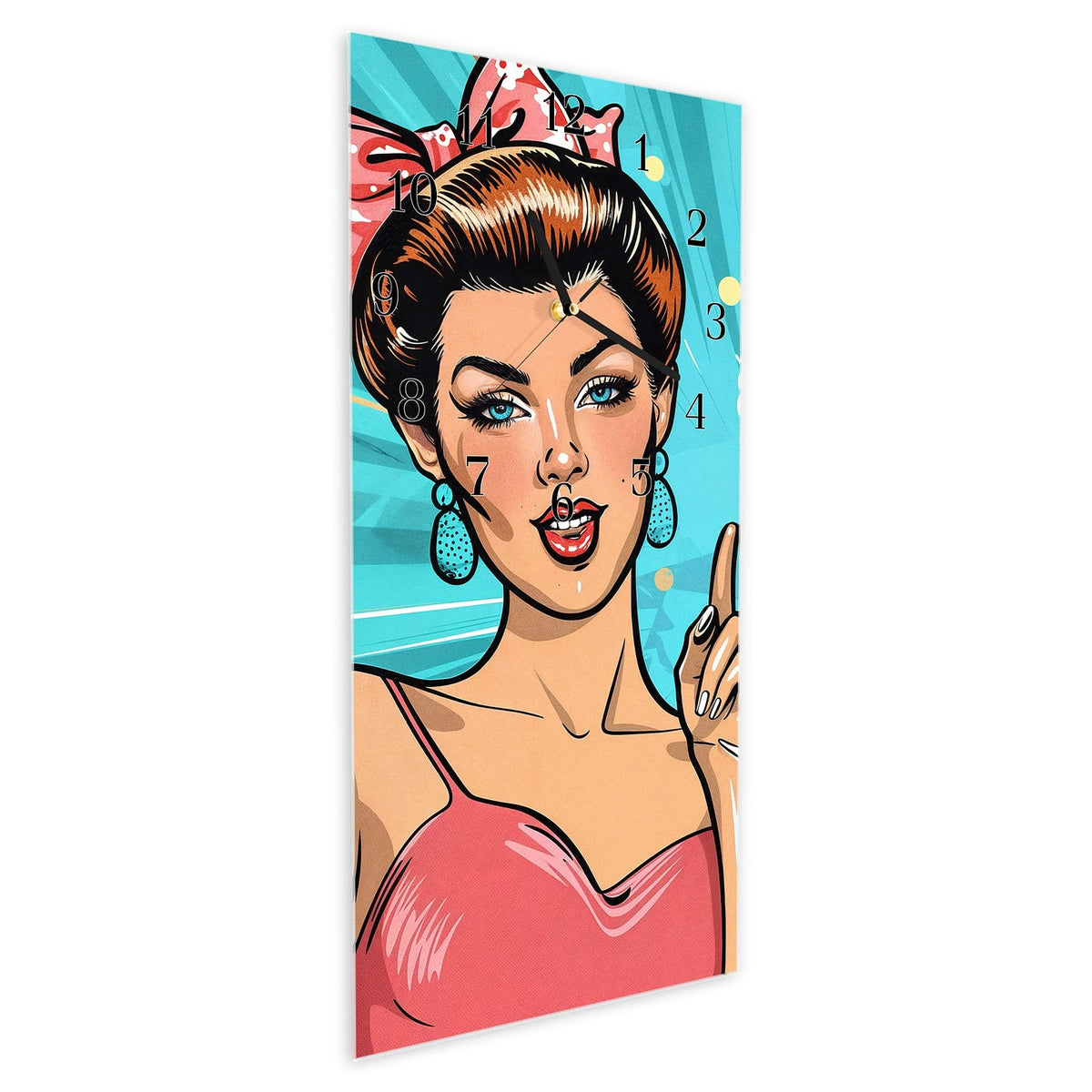 Vormontiert – mit Schwebeeffekt – Wanduhr Retro Frauen Illustration aus Glas – Hochformat 30 × 60 cm