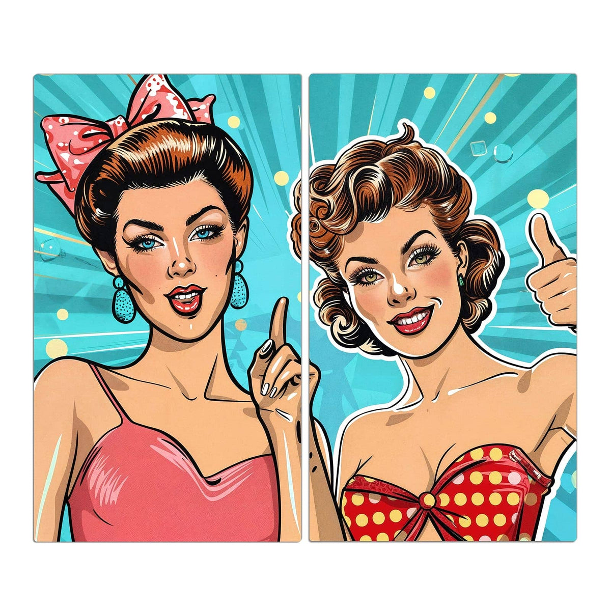 2-teilige Herdabdeckplatte aus Glas mit Retro Frauen Illustration-Motiv in der Frontansicht #grösse_2-Teilig (60x52cm)