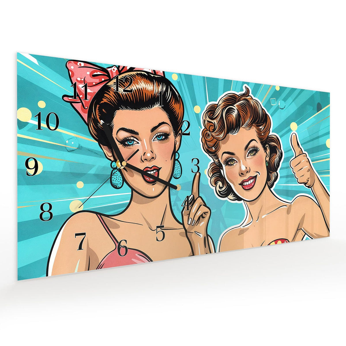 Vormontiert – mit Schwebeeffekt – Wanduhr Retro Frauen Illustration aus Glas – Querformat 60 × 30 cm