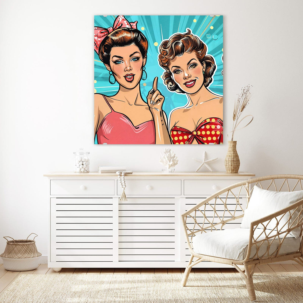 Echtglas, 4 mm – kein Acryl, keine Folie – Wandbild - Retro Freundinnen - Quadratisch
