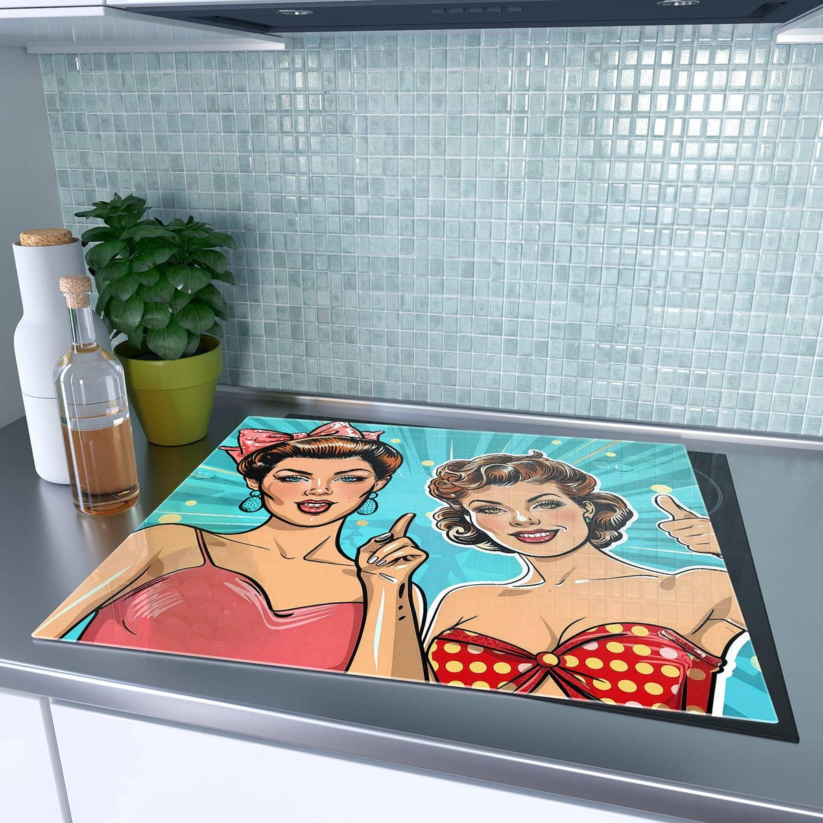 1-teilige Herdabdeckplatten mit Retro Frauen Illustration-Motiv auf dem Ceranfeld