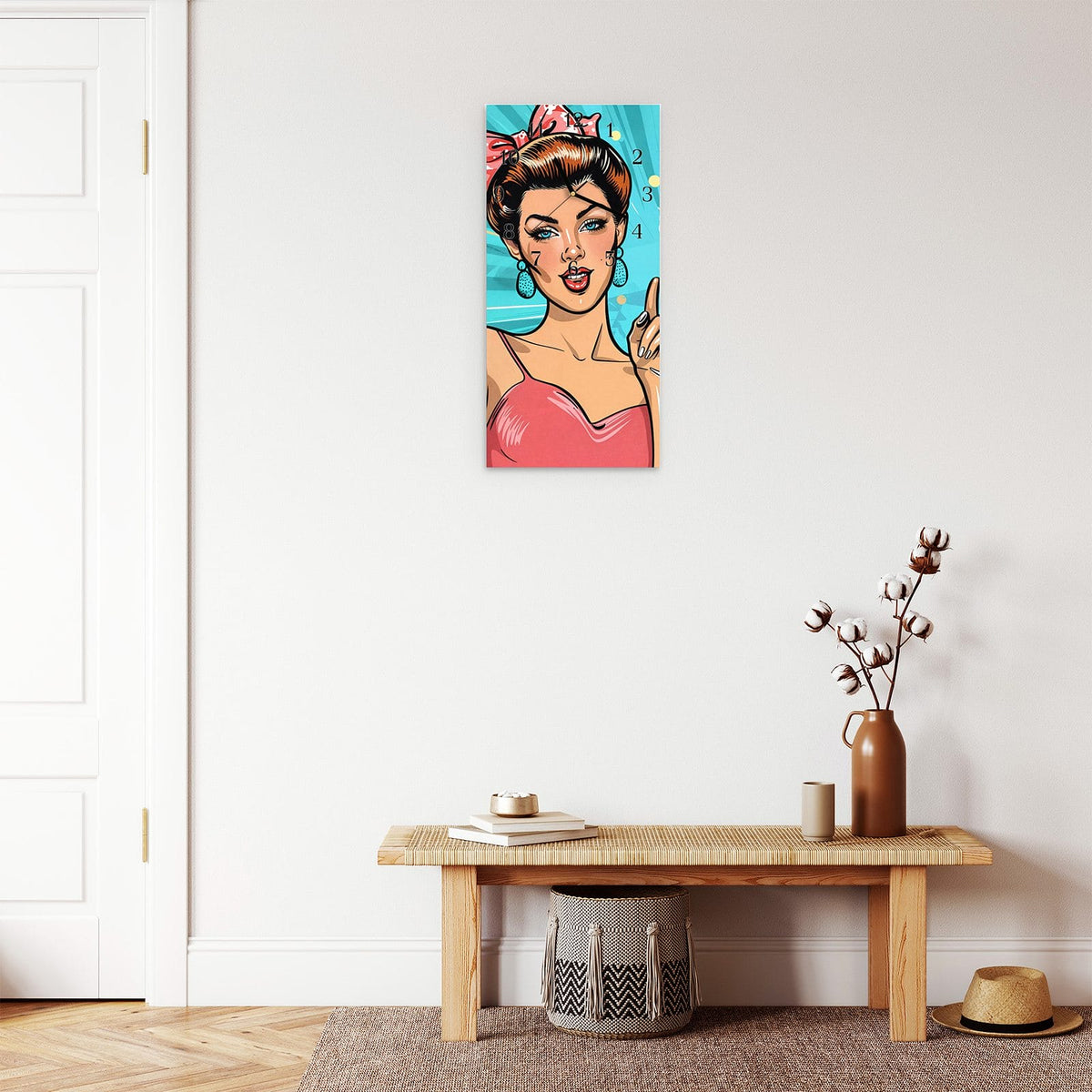 Moderne Wanduhr aus Glas mit Farbtiefe – Wanduhr Retro Frauen Illustration aus Glas – Hochformat 30 × 60 cm