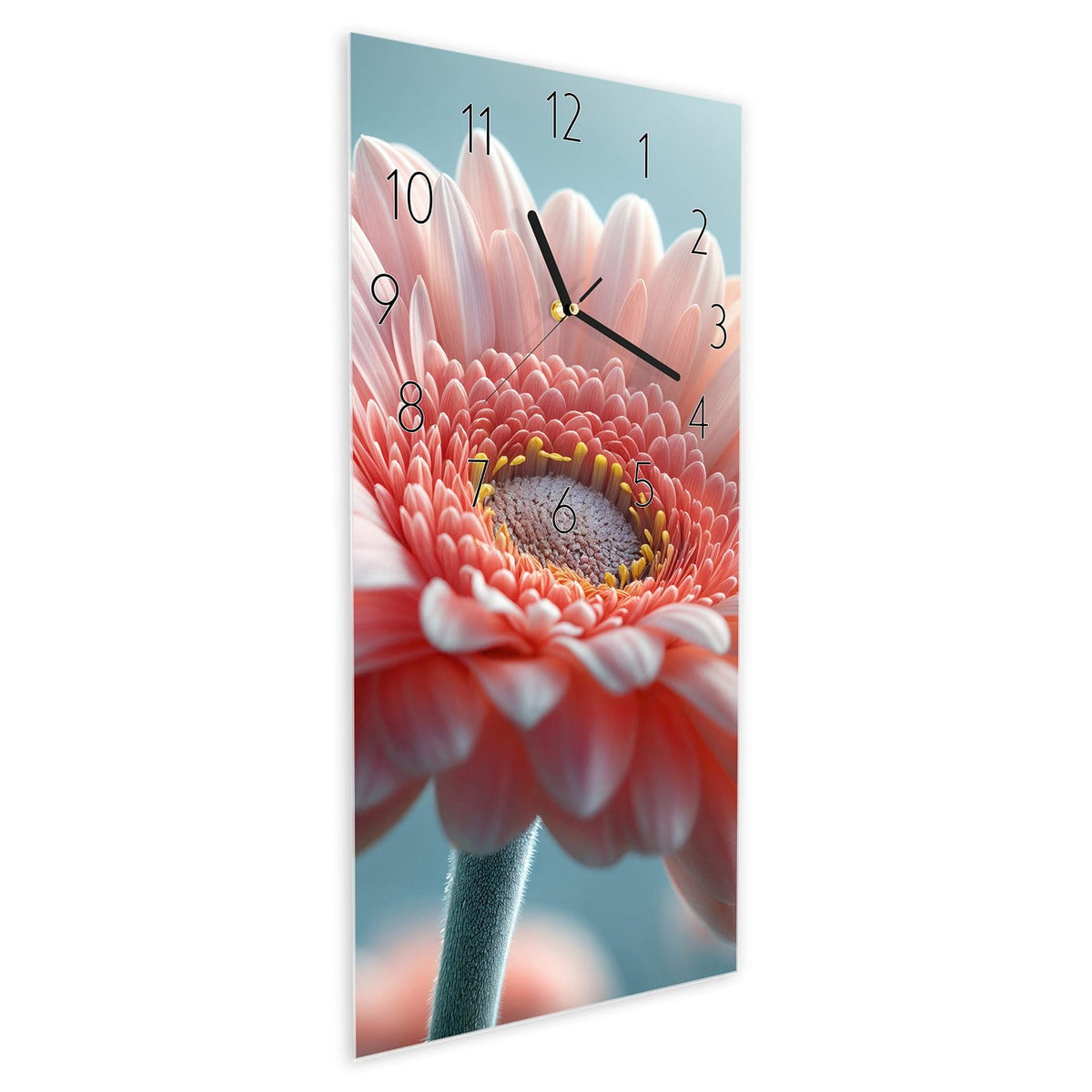 Wanduhr aus Glas im Hochformat Rosa Gerbera schräg von der Seite, 4 mm starkes Glas