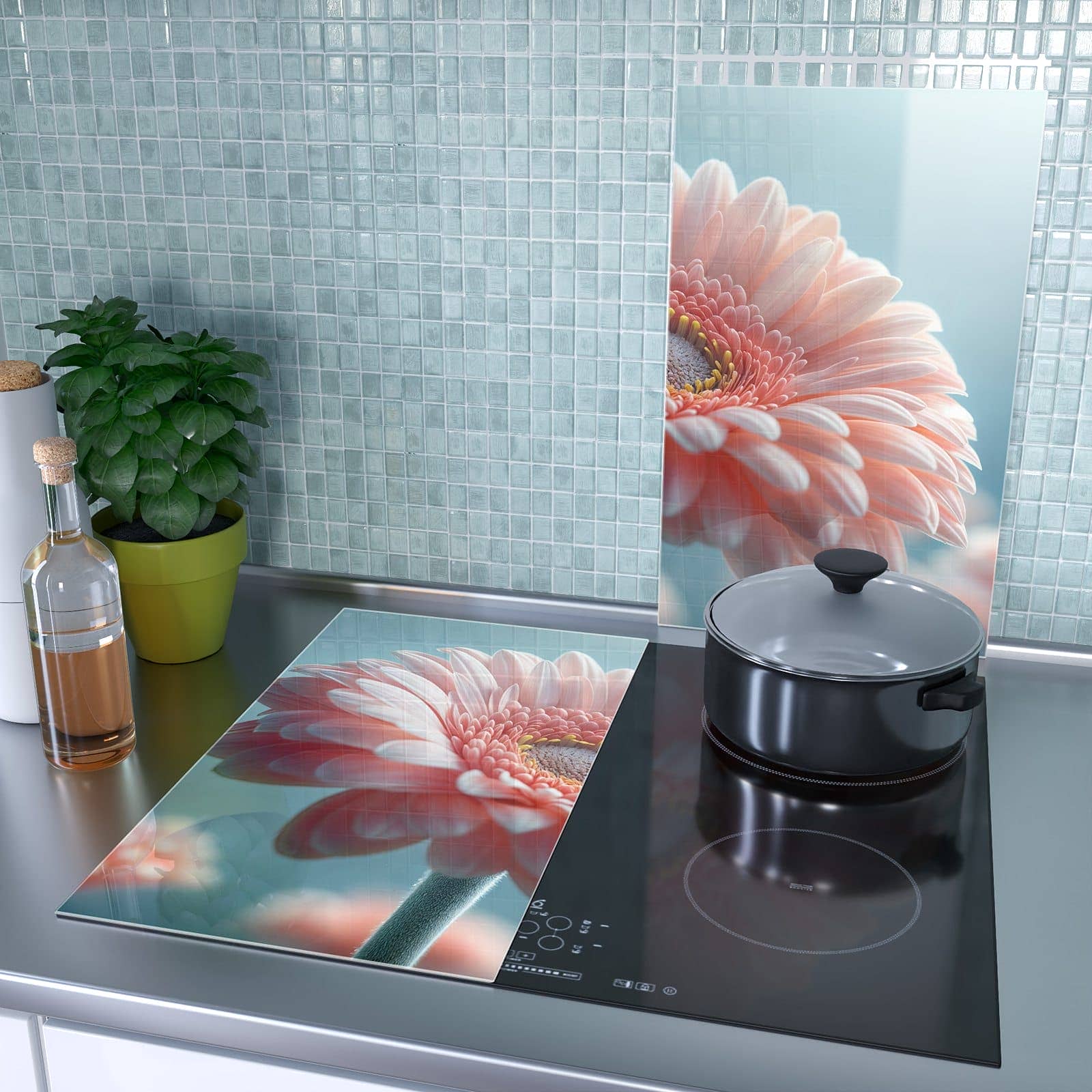 2-teilige Abdeckung für Herdplatten mit Warme Blumenpracht-Motiv als Spritzschutz hinter dem Kochfeld