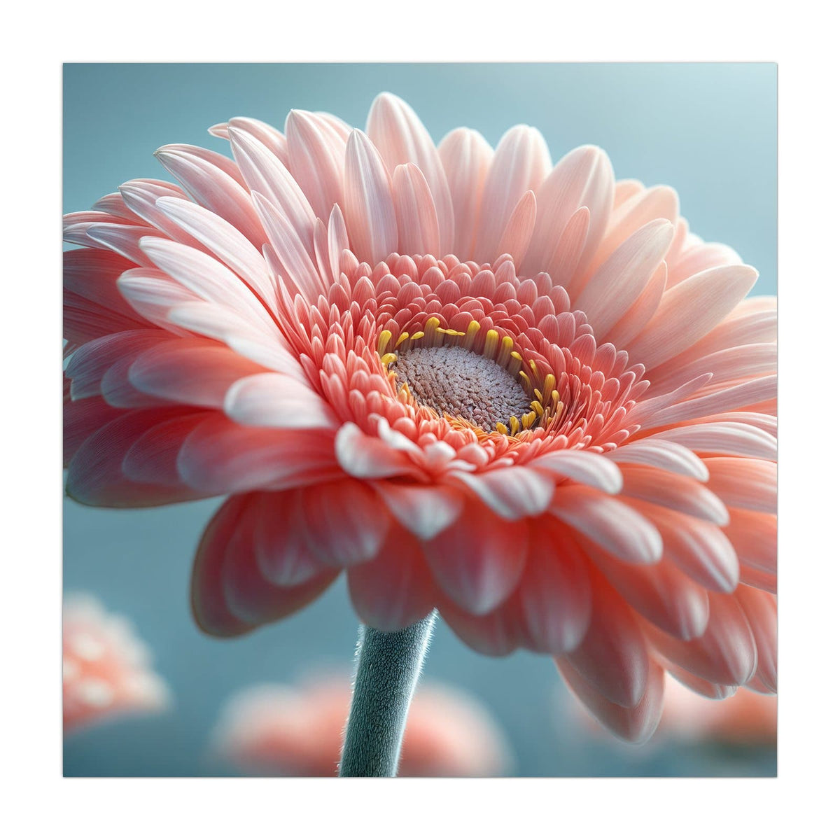 Makro einer rosa Gerbera vor hellblauem Grund