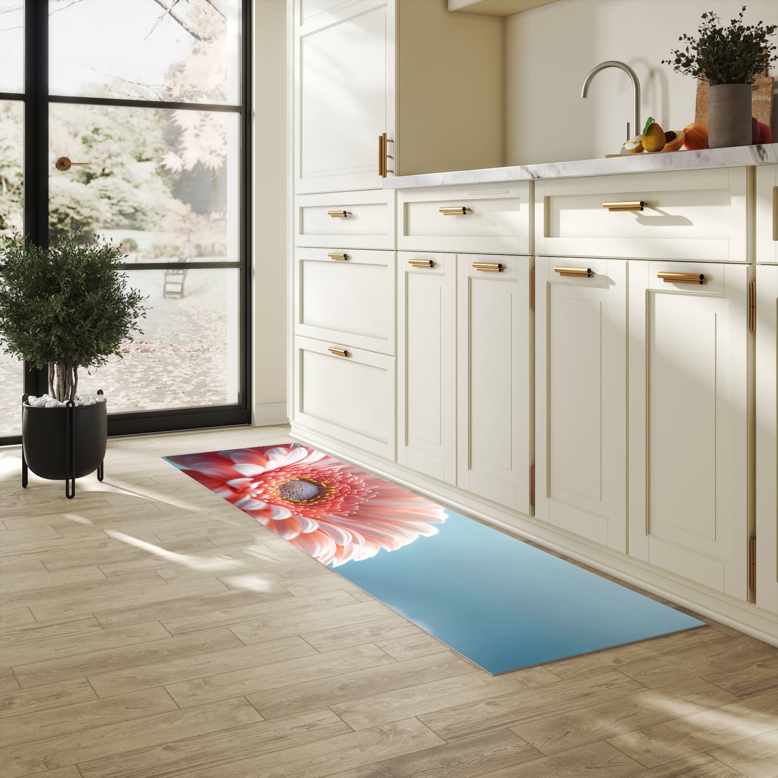 Langlebiger Küchenteppich mit Motiv Warme Blumenpracht in heller Küche