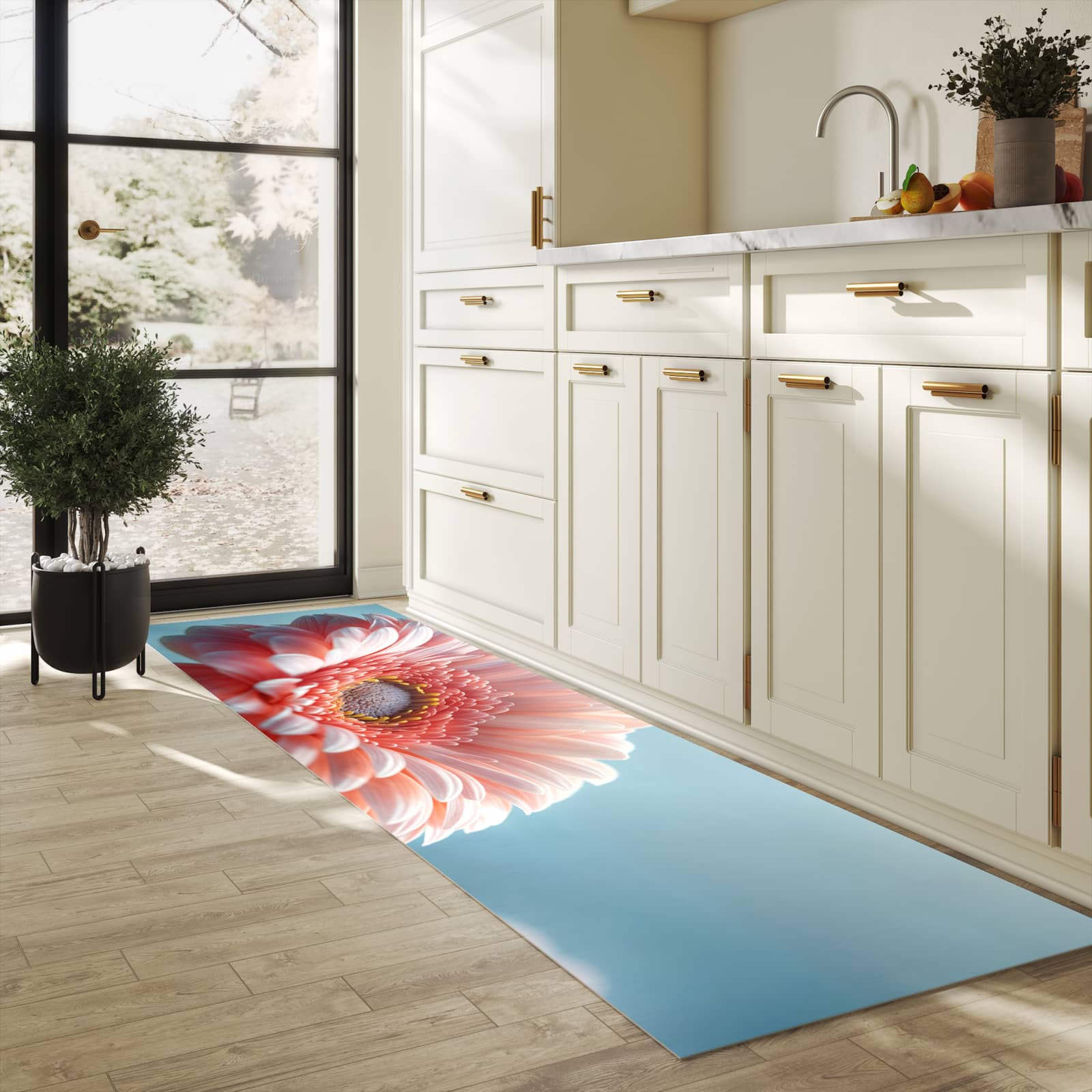 Schmutzabweisender Küchenläufer mit Motiv Warme Blumenpracht in heller Küche