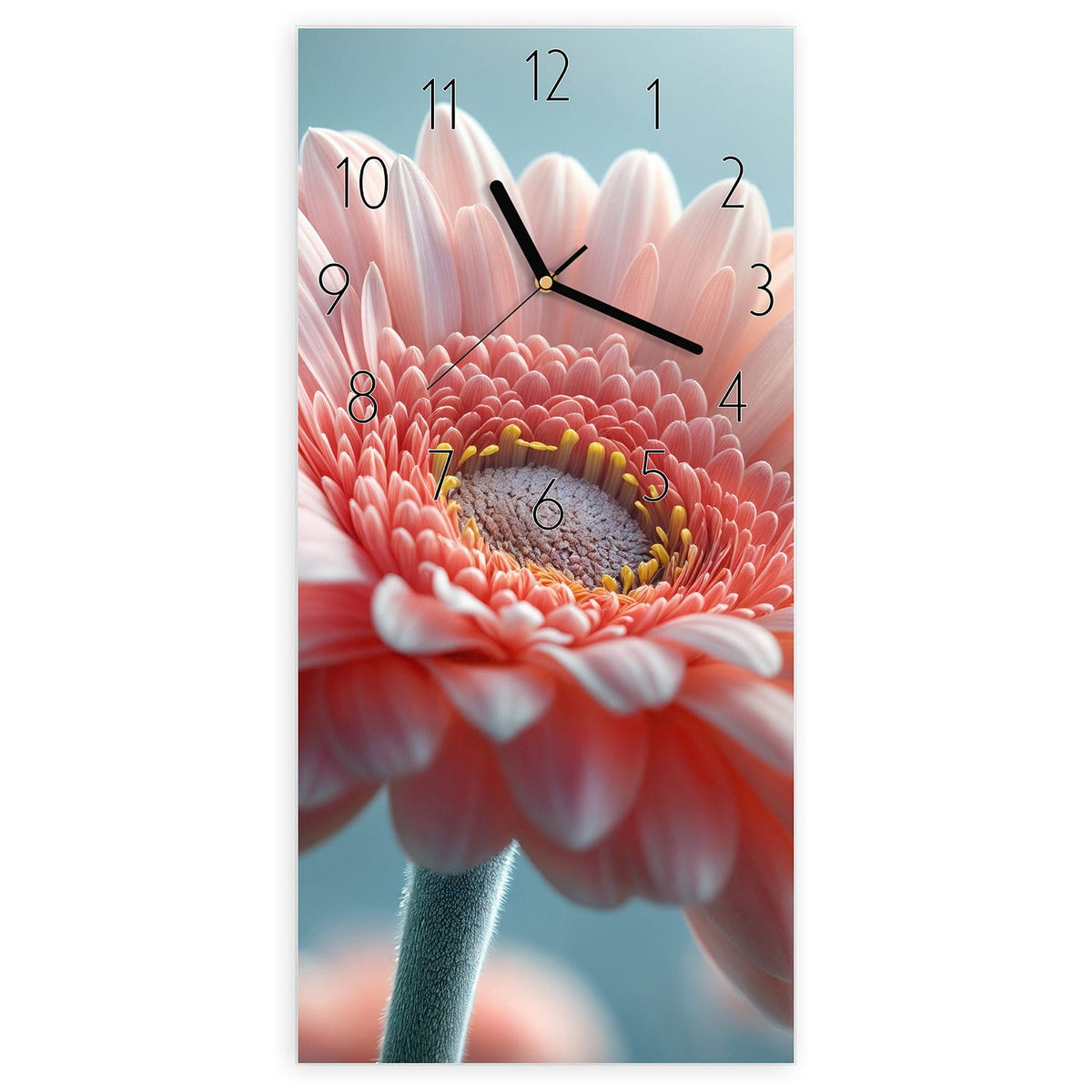 Wanduhr aus Glas, Ziffernblatt Elegant: Makro einer rosa Gerbera vor hellblauem Grund #ziffernblatt_Elegant