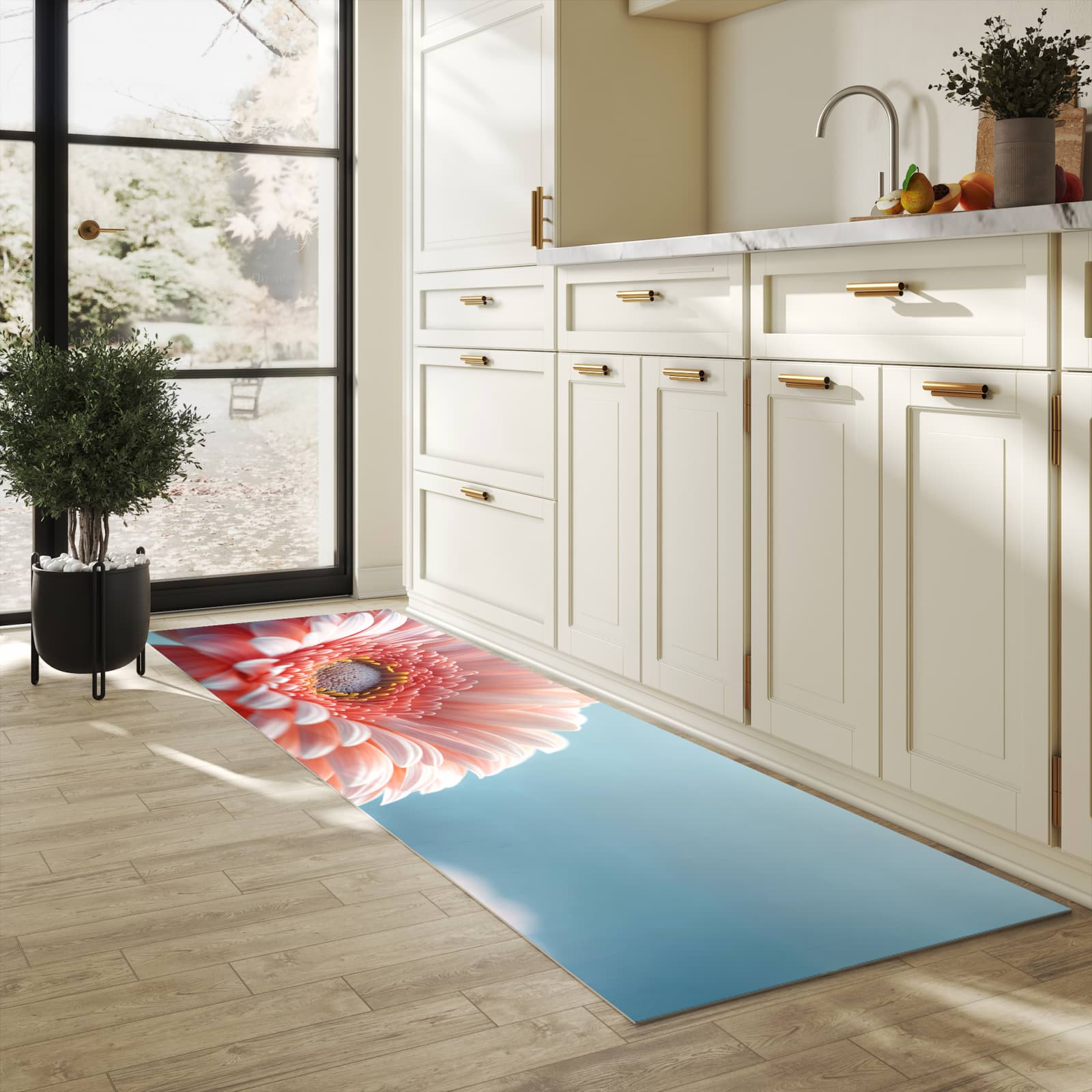 Fleckenresistenter waschbarer Teppich Küche mit Motiv Warme Blumenpracht in heller Küche