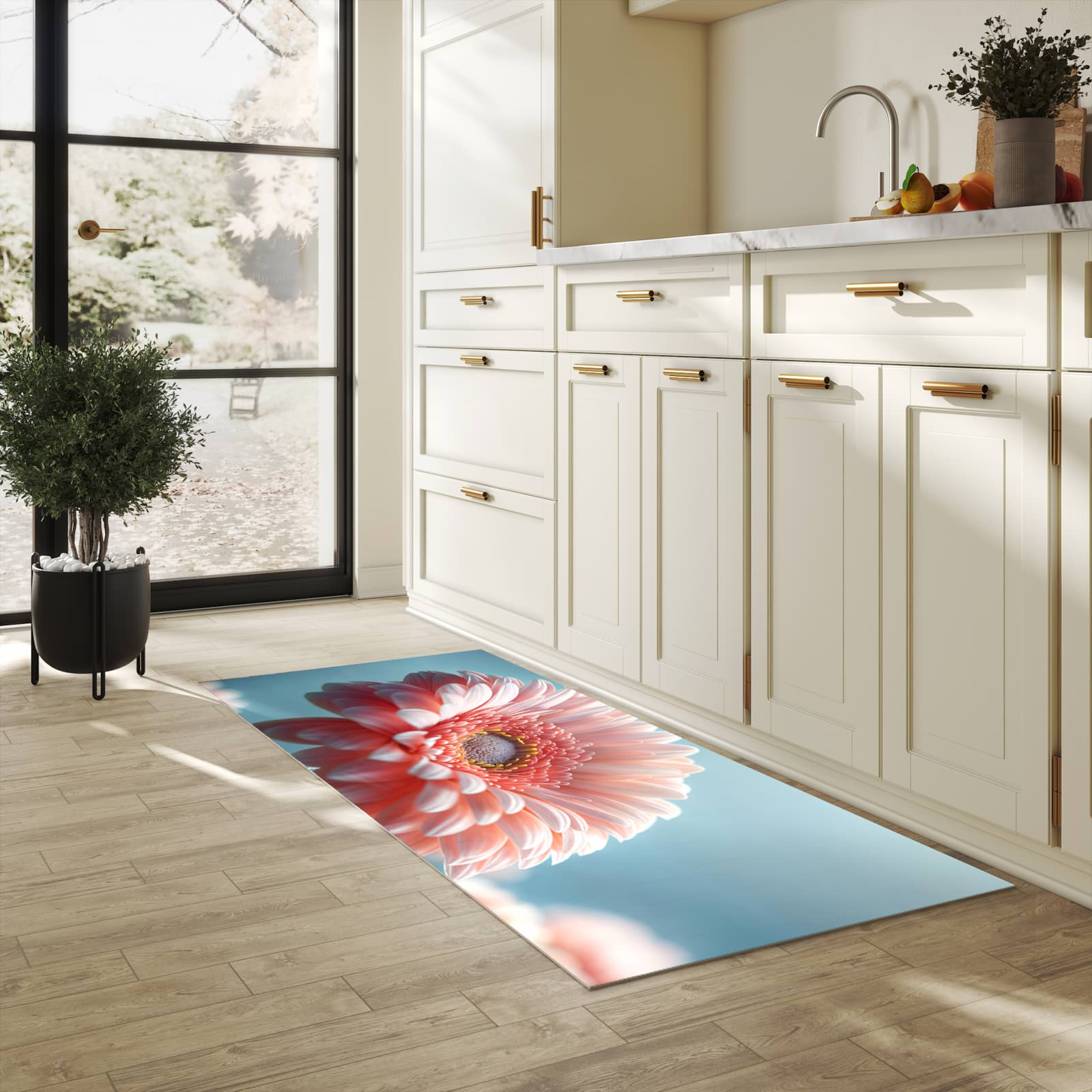 Küchenteppich mit Motiv Warme Blumenpracht für Trittkomfort in heller Küche