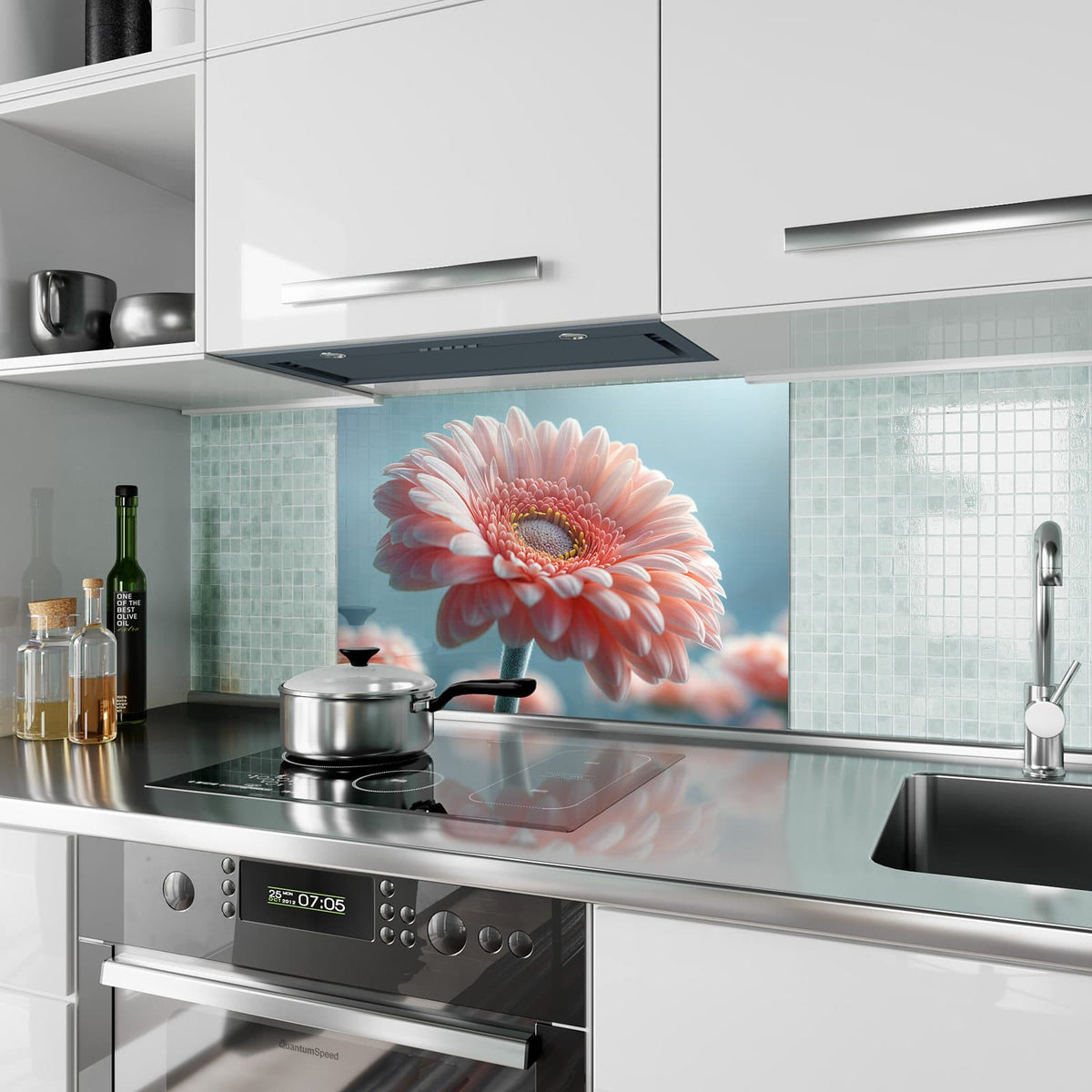 Küchenrückwand aus Glas Rosa Gerbera im Hochformat als Spritzschutz hinter dem Kochfeld, über dem Fliesenspiegel montiert