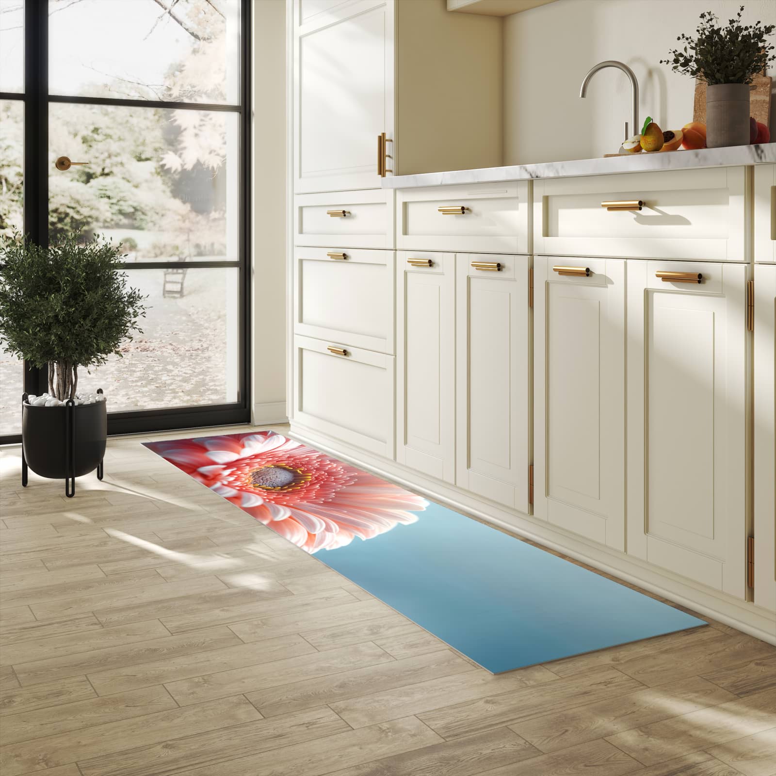 Rutschfester Küchenteppich mit Motiv Warme Blumenpracht in heller Küche