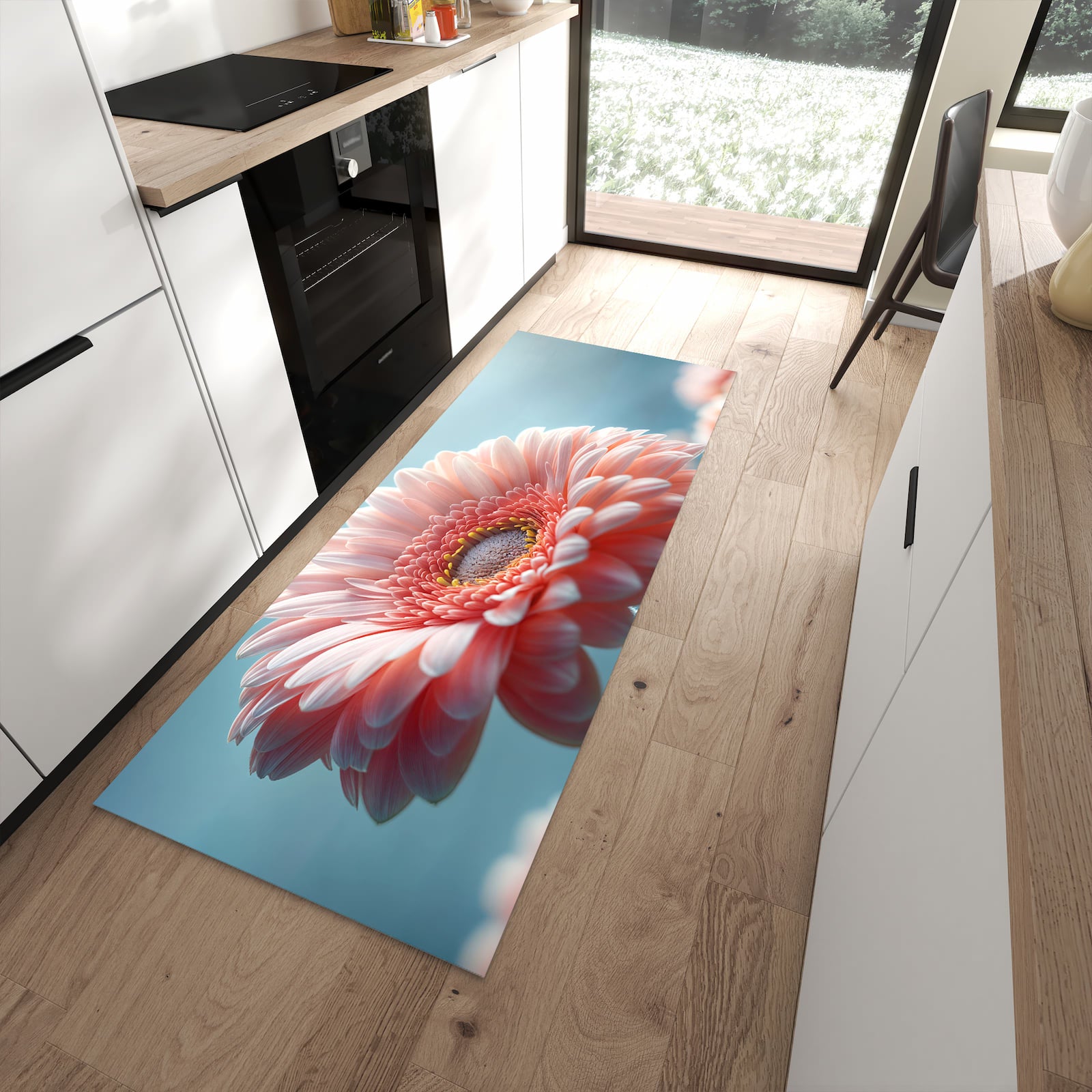 UV-beständiger waschbarer Küchenteppich mit Motiv Warme Blumenpracht in moderner Küche