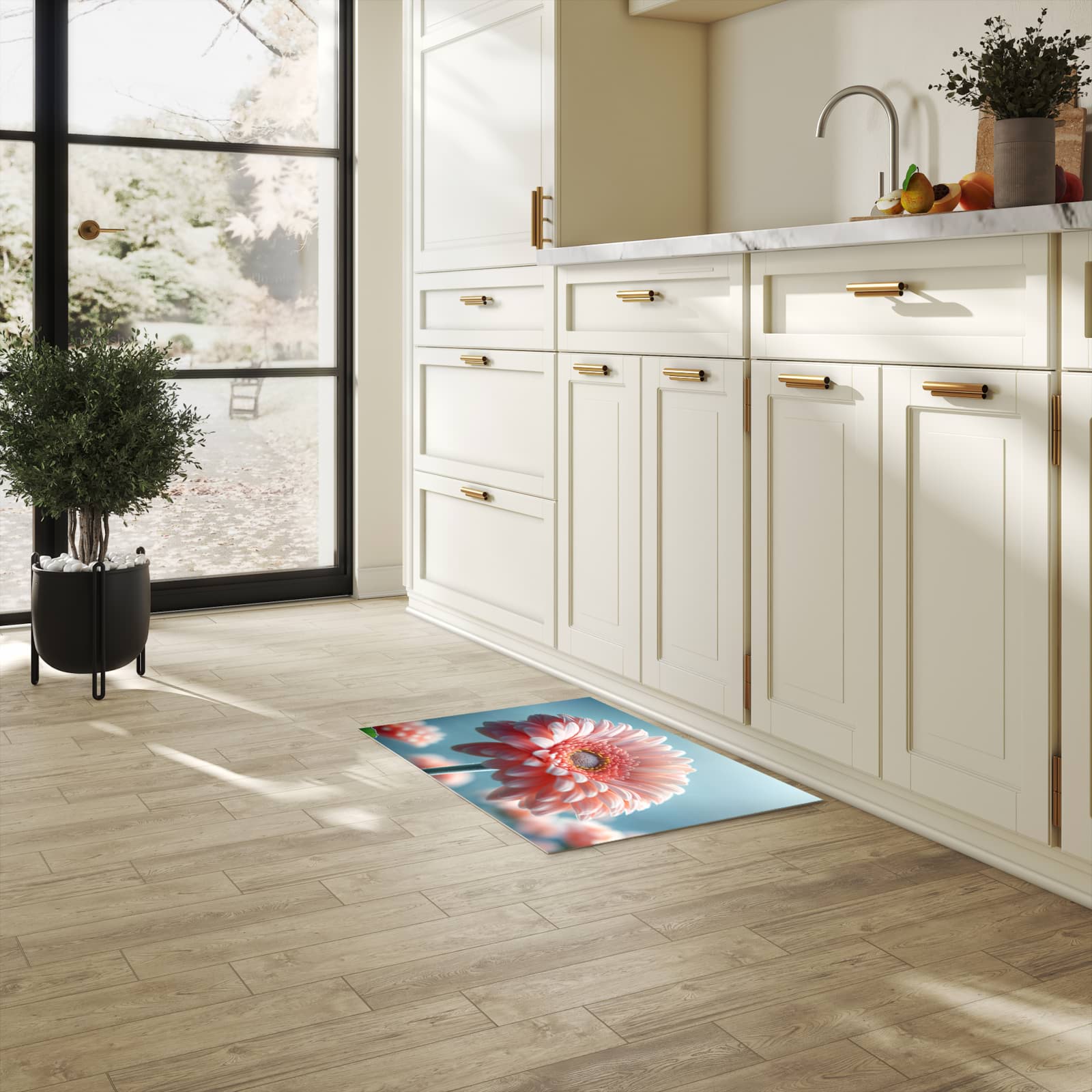 UV-beständiger Küchenläufer mit Motiv Warme Blumenpracht in heller Küche