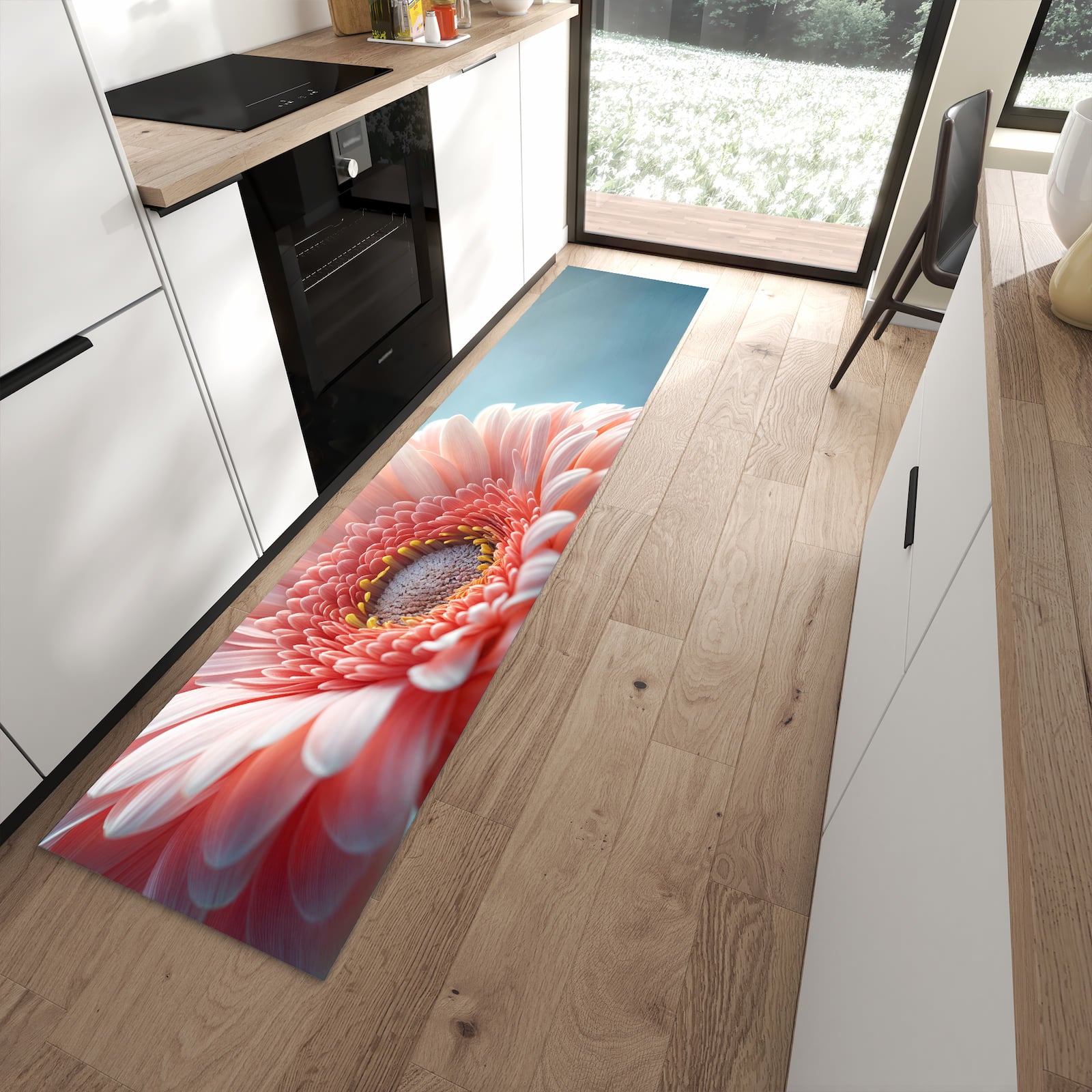 Zeitsparender rutschfester Läufer mit Motiv Warme Blumenpracht in moderner Küche