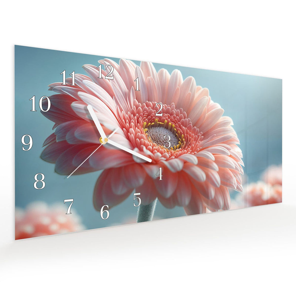 Vormontiert – mit Schwebeeffekt – Wanduhr Warme Blumenpracht aus Glas – Querformat 60 × 30 cm