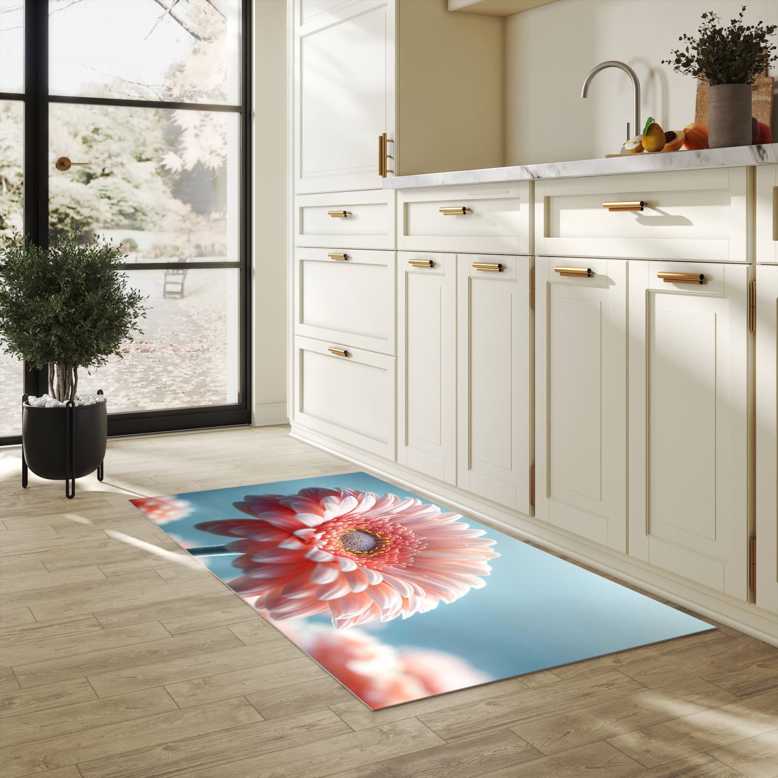 Geruchsneutraler Küchenläufer mit Motiv Warme Blumenpracht in heller Küche