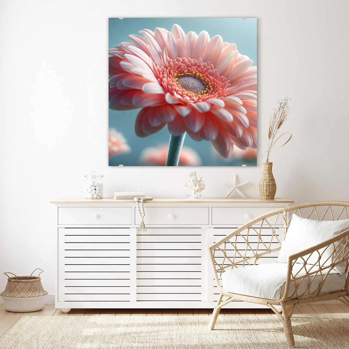 Echtglas, 4 mm – kein Acryl, keine Folie – Wandbild - Rosa Gerbera - Quadratisch