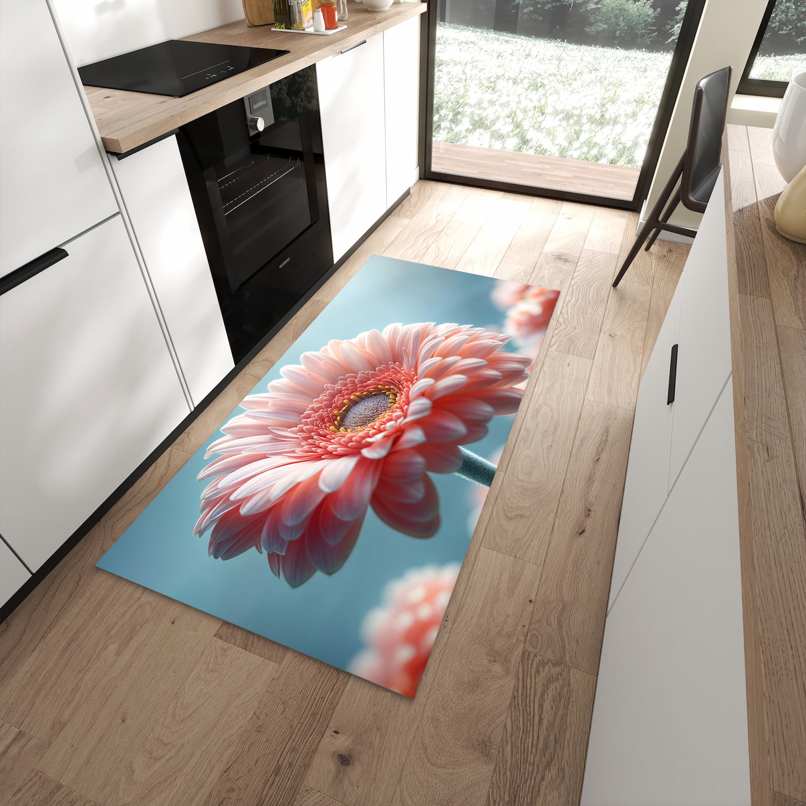 Schmutzabweisender Bodenläufer mit Motiv Warme Blumenpracht in moderner Küche