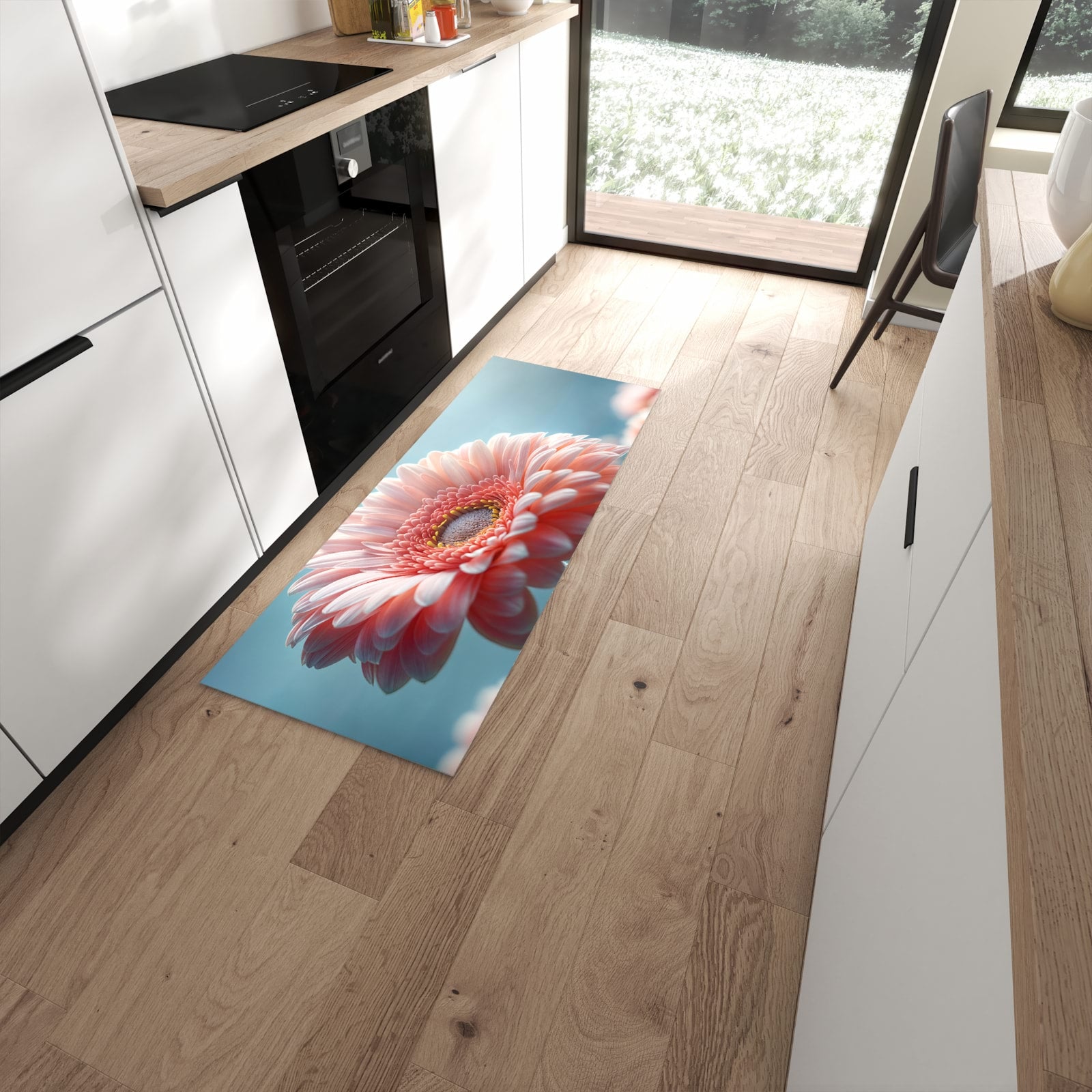 Farbbeständiger waschbarer Küchenläufer mit Motiv Warme Blumenpracht in moderner Küche #grösse_60 x 150 cm