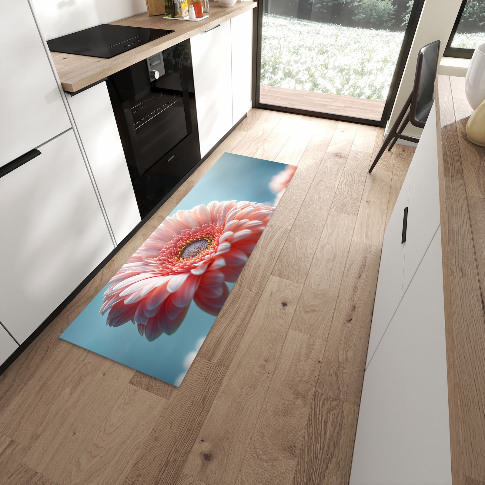 Formstabiler langer Teppich mit Motiv Warme Blumenpracht in moderner Küche