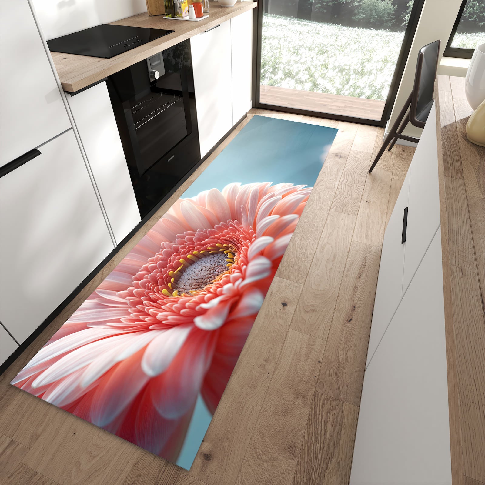 Wasserabweisender Teppich für Esstisch mit Motiv Warme Blumenpracht in moderner Küche