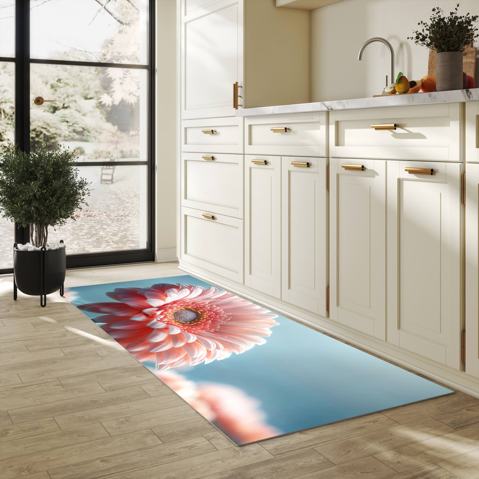 Langlebiger Teppichläufer mit Motiv Warme Blumenpracht in heller Küche