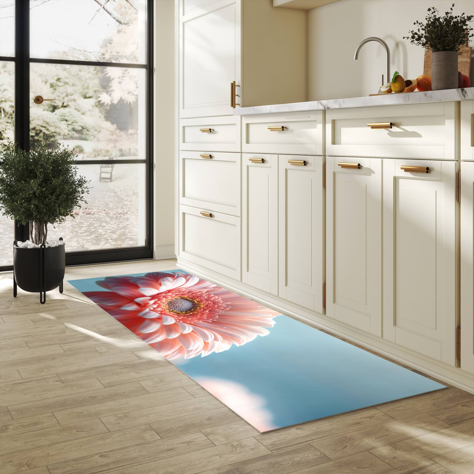 Wasserabweisender Küchenvorleger mit Motiv Warme Blumenpracht in heller Küche