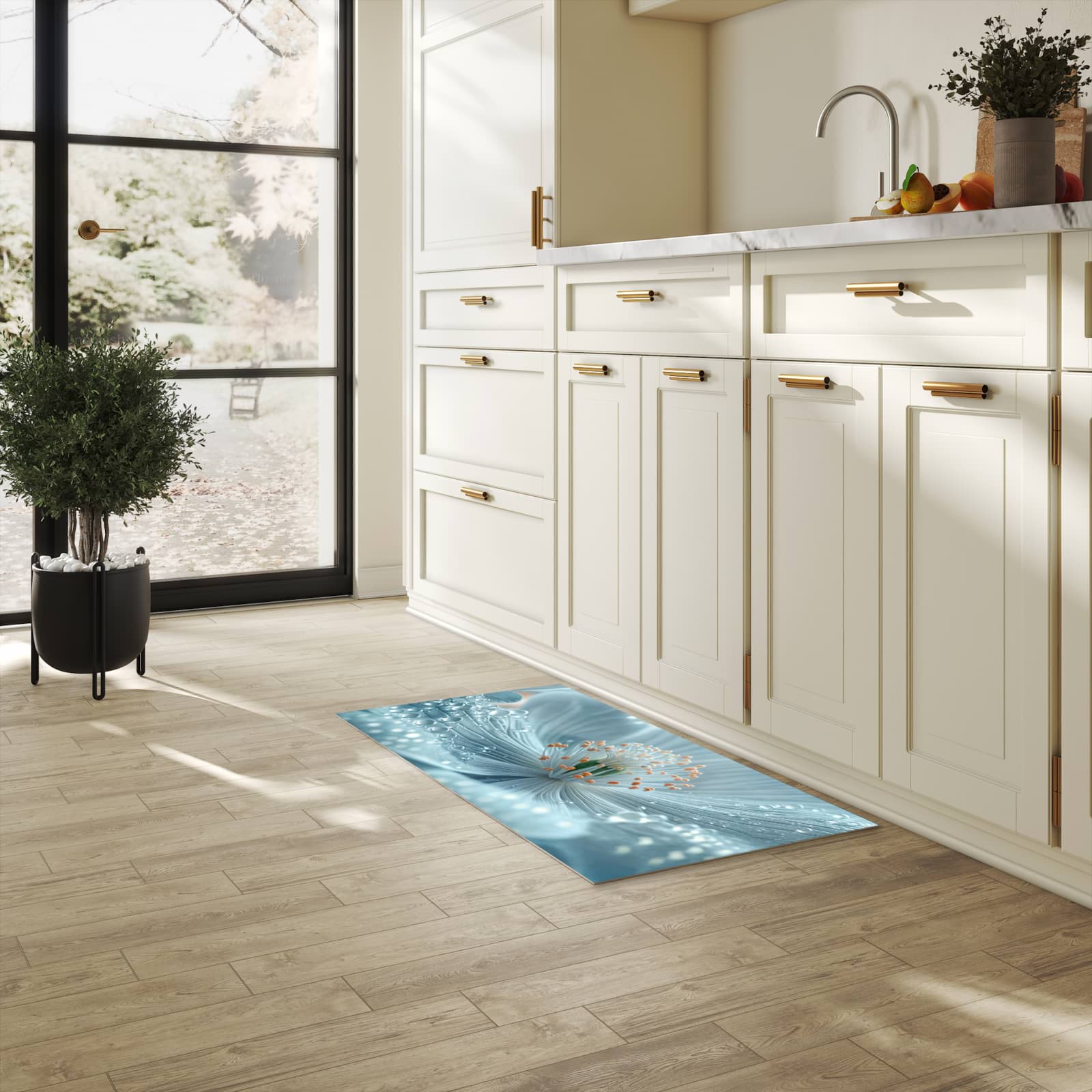 UV-beständiger rutschfester Küchenläufer mit Motiv Verträumte Blumenpracht in heller Küche