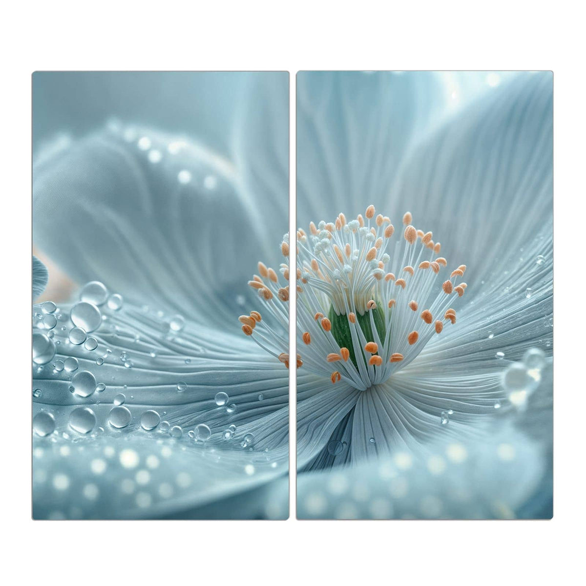 Makro einer eisblauen Blüte mit weißen Staubfäden, orangen Spitzen und Wassertropfen