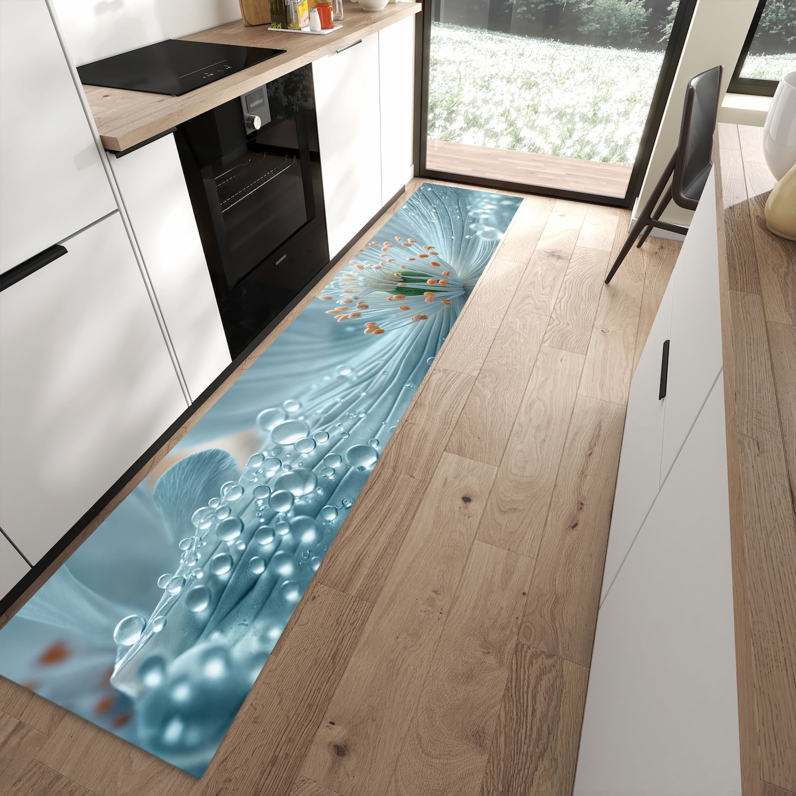 Hygienischer Läufer für die Küche mit Motiv Verträumte Blumenpracht in moderner Küche