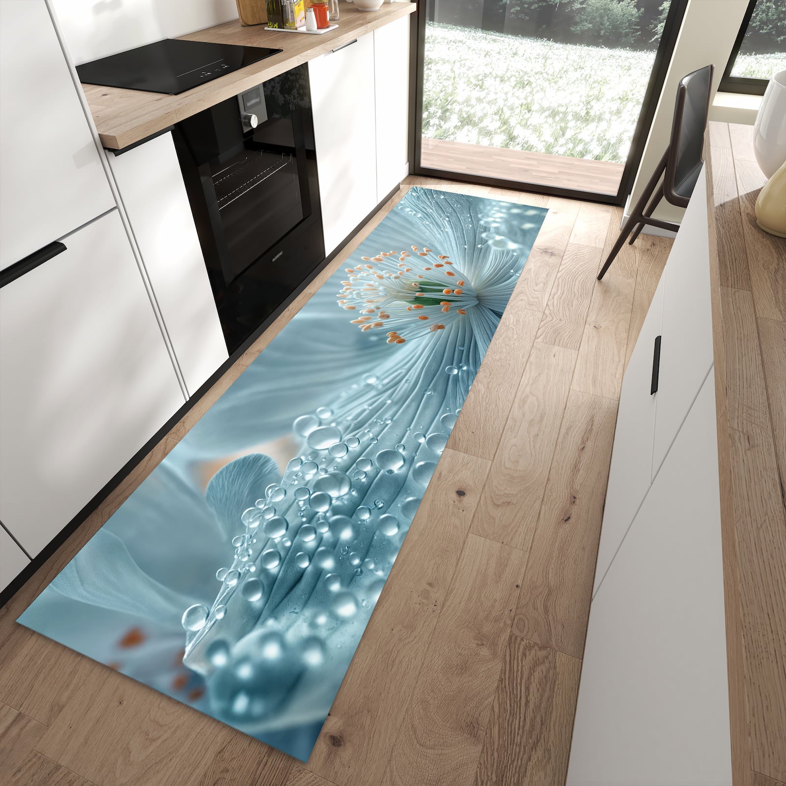 Rutschfester waschbarer Küchenteppich mit Motiv Verträumte Blumenpracht in moderner Küche