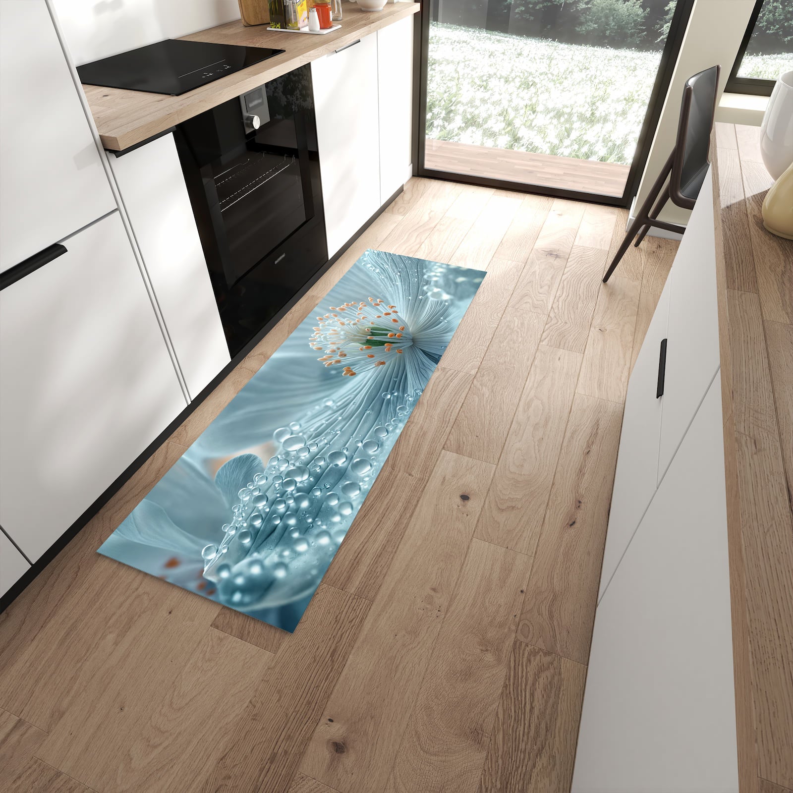 Rutschfester Küchenteppich mit Motiv Verträumte Blumenpracht in moderner Küche