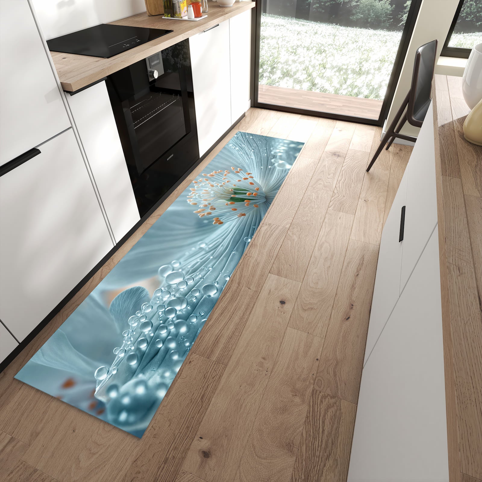 Pflegeleichter Küchenteppich mit Motiv Verträumte Blumenpracht in moderner Küche