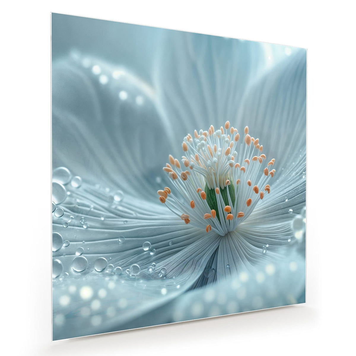 Makro einer eisblauen Blüte mit weißen Staubfäden, orangen Spitzen und Wassertropfen