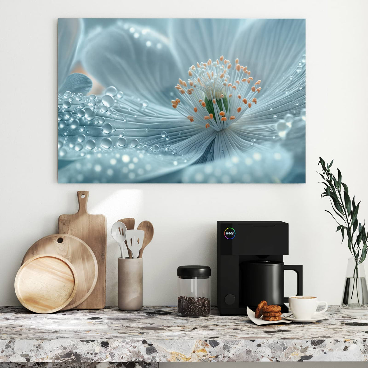 Metall Magnettafel - Eisblaue Blüte – Blaue Blüte mit Tautropfen