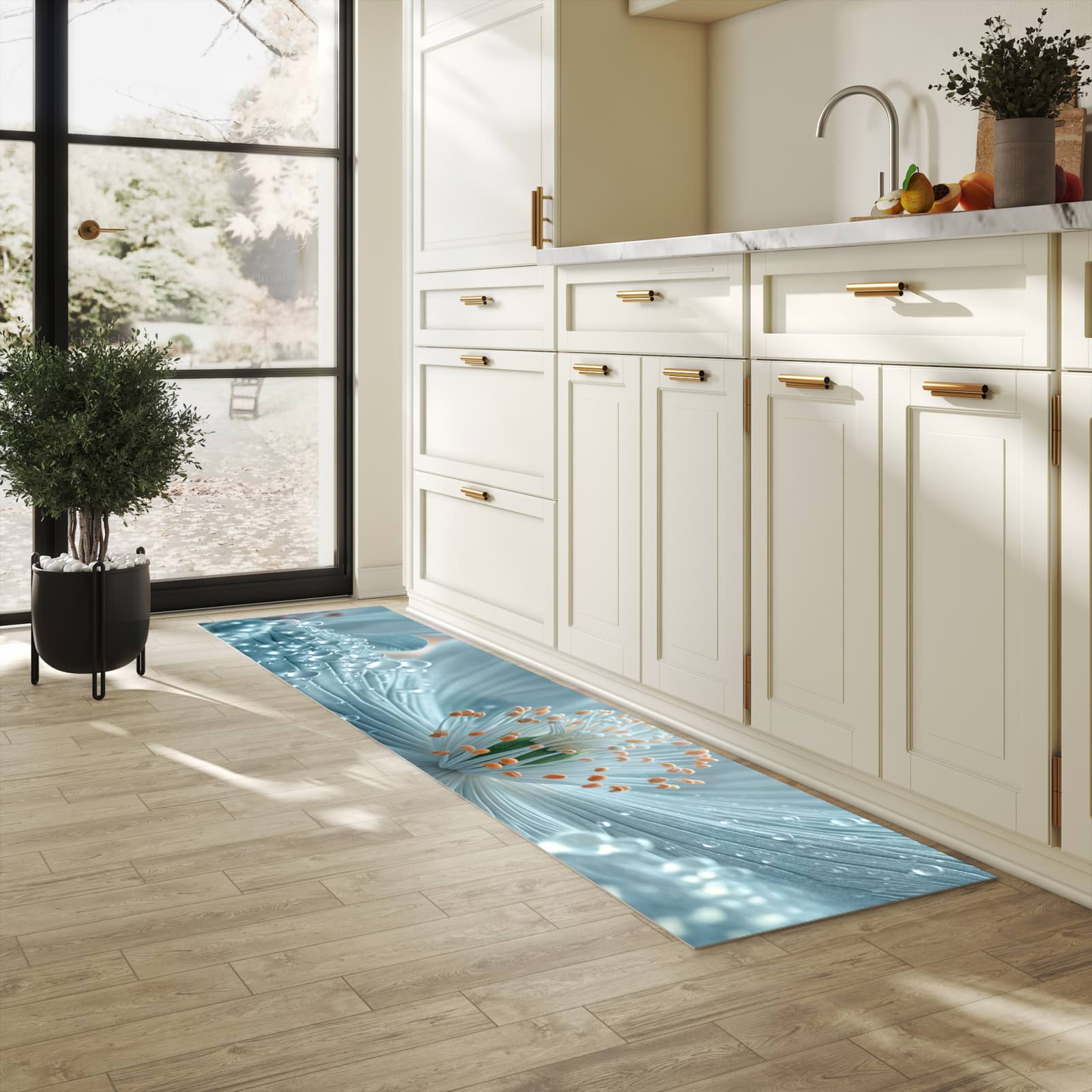 Schmutzabweisender moderner Küchenläufer mit Motiv Verträumte Blumenpracht in heller Küche