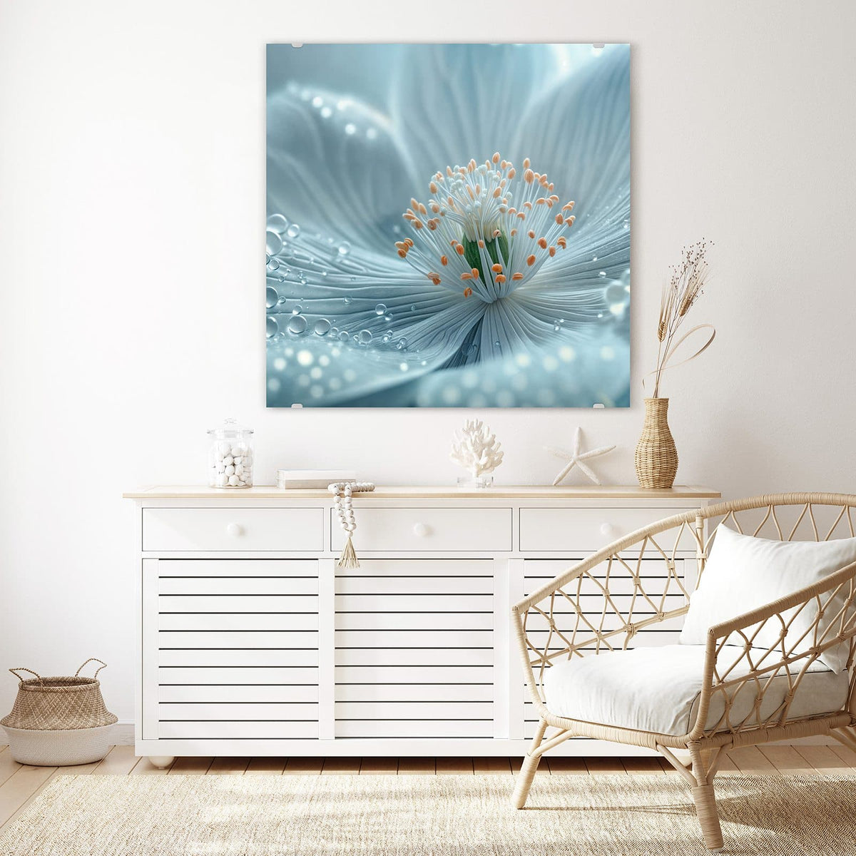 Echtglas, 4 mm – kein Acryl, keine Folie – Wandbild - Eisblaue Blüte - Quadratisch