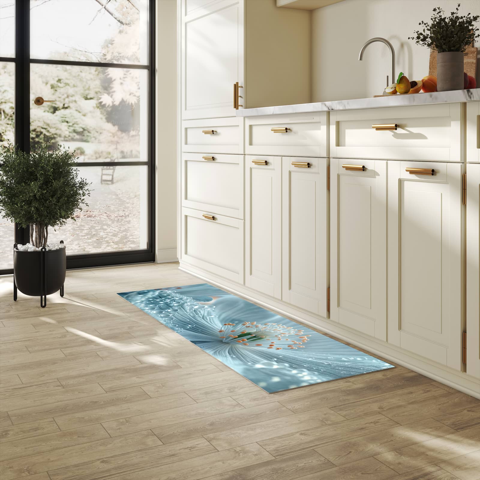 Wasserabweisender waschbarer Küchenläufer mit Motiv Verträumte Blumenpracht in heller Küche