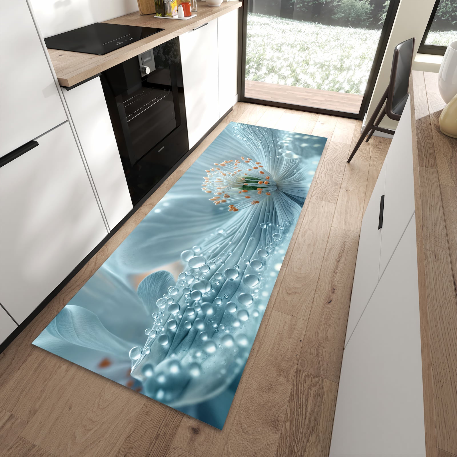 Ordnungsschaffender Teppichläufer mit Motiv Verträumte Blumenpracht in moderner Küche