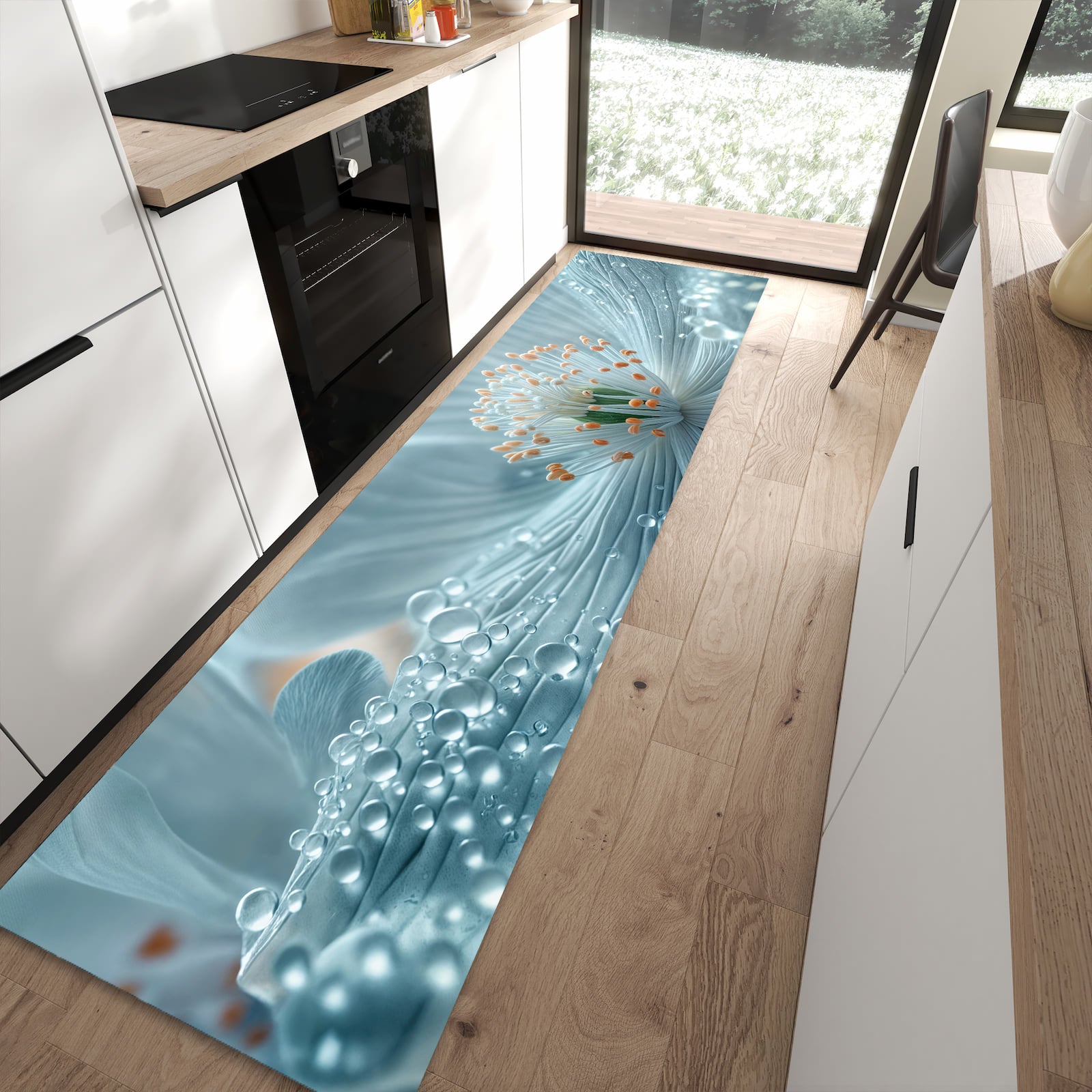 Feuchtigkeitsresistenter Küchenläufer mit Motiv Verträumte Blumenpracht in moderner Küche