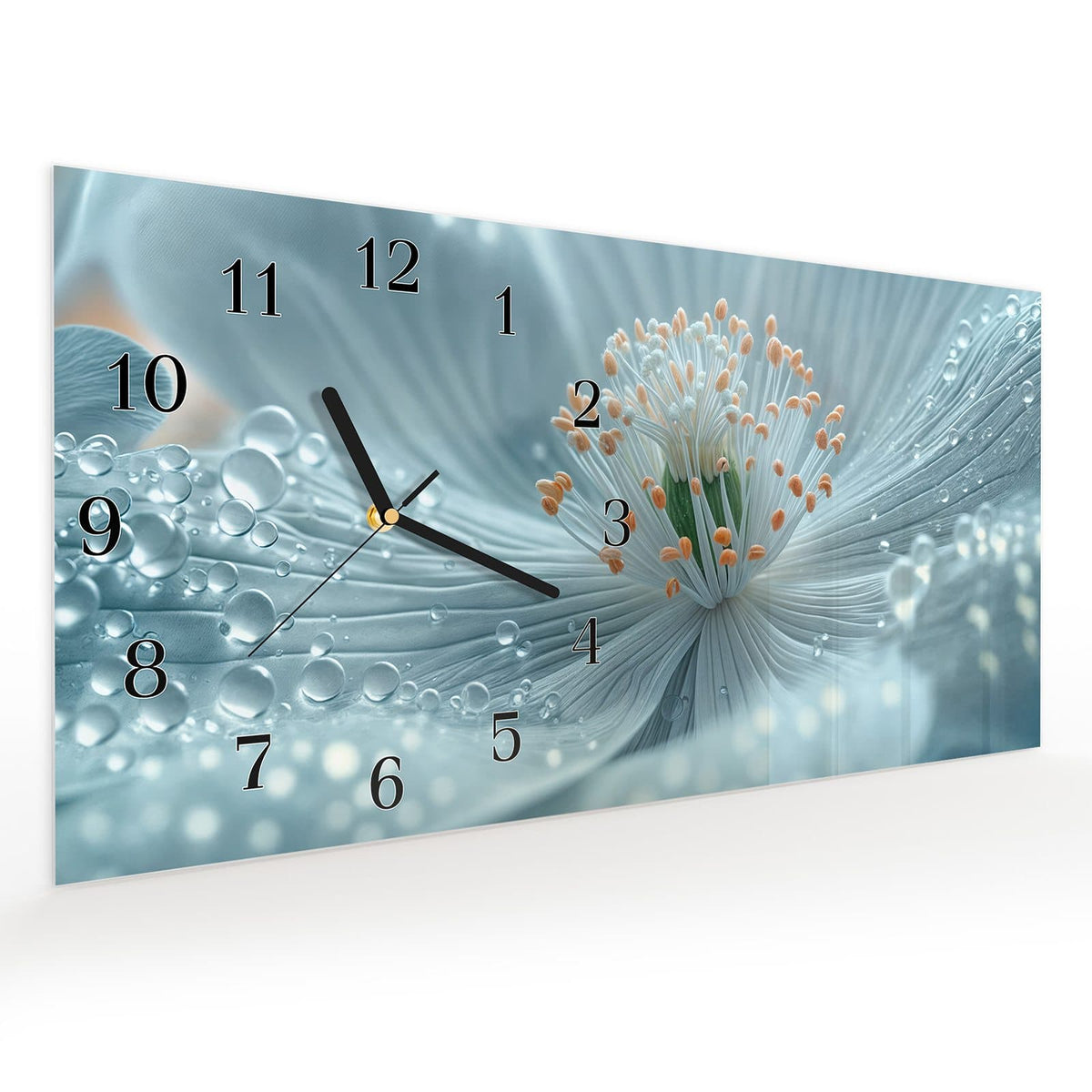Vormontiert – mit Schwebeeffekt – Wanduhr Verträumte Blumenpracht aus Glas – Querformat 60 × 30 cm