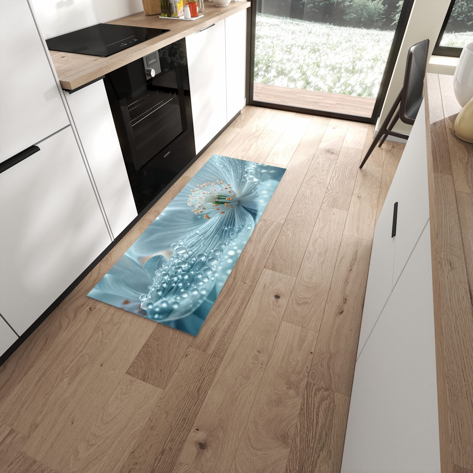 Komfortabler Küchenteppich mit Motiv Verträumte Blumenpracht in moderner Küche #grösse_60 x 150 cm