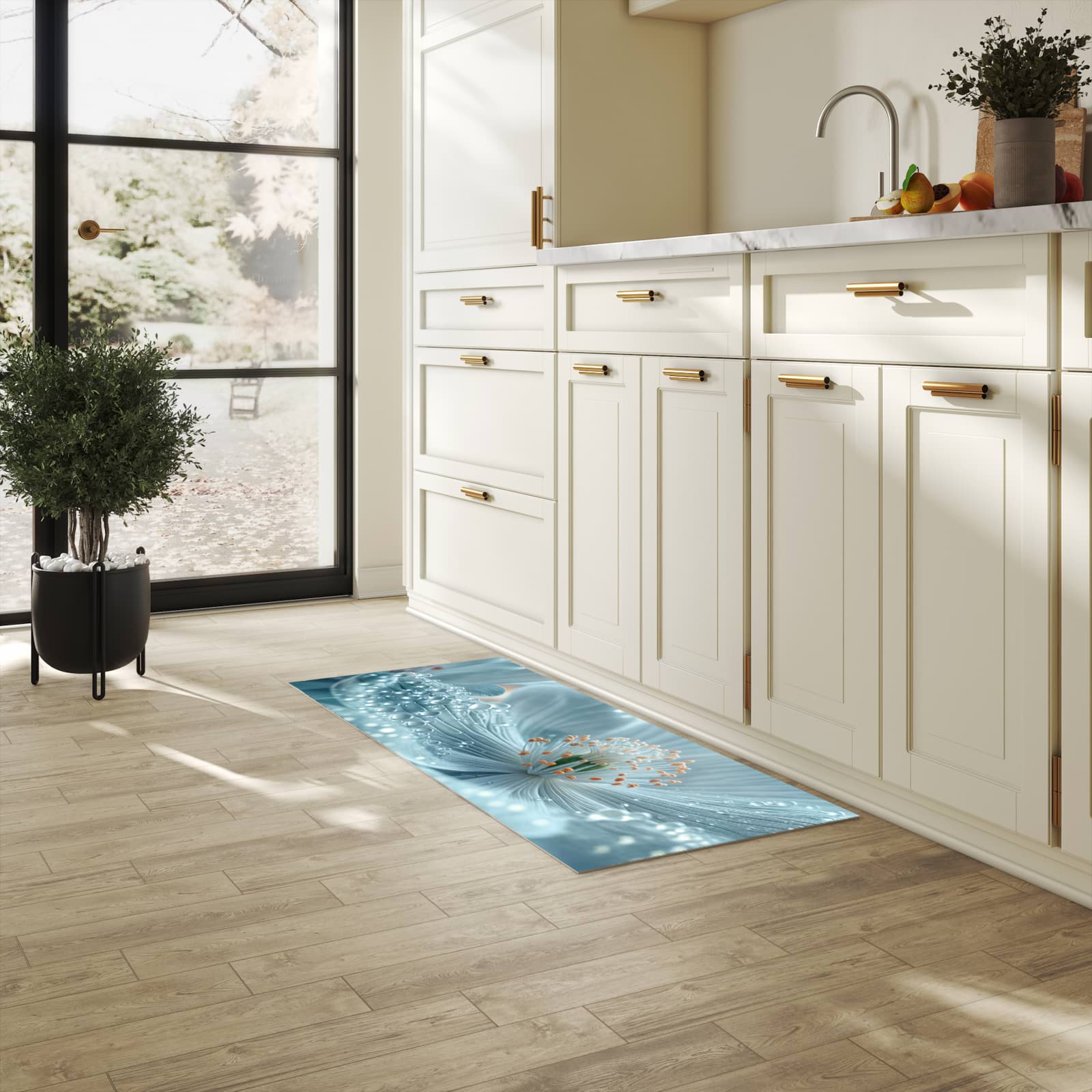 Rutschfester Küchenläufer mit Motiv Verträumte Blumenpracht für Trittkomfort in heller Küche