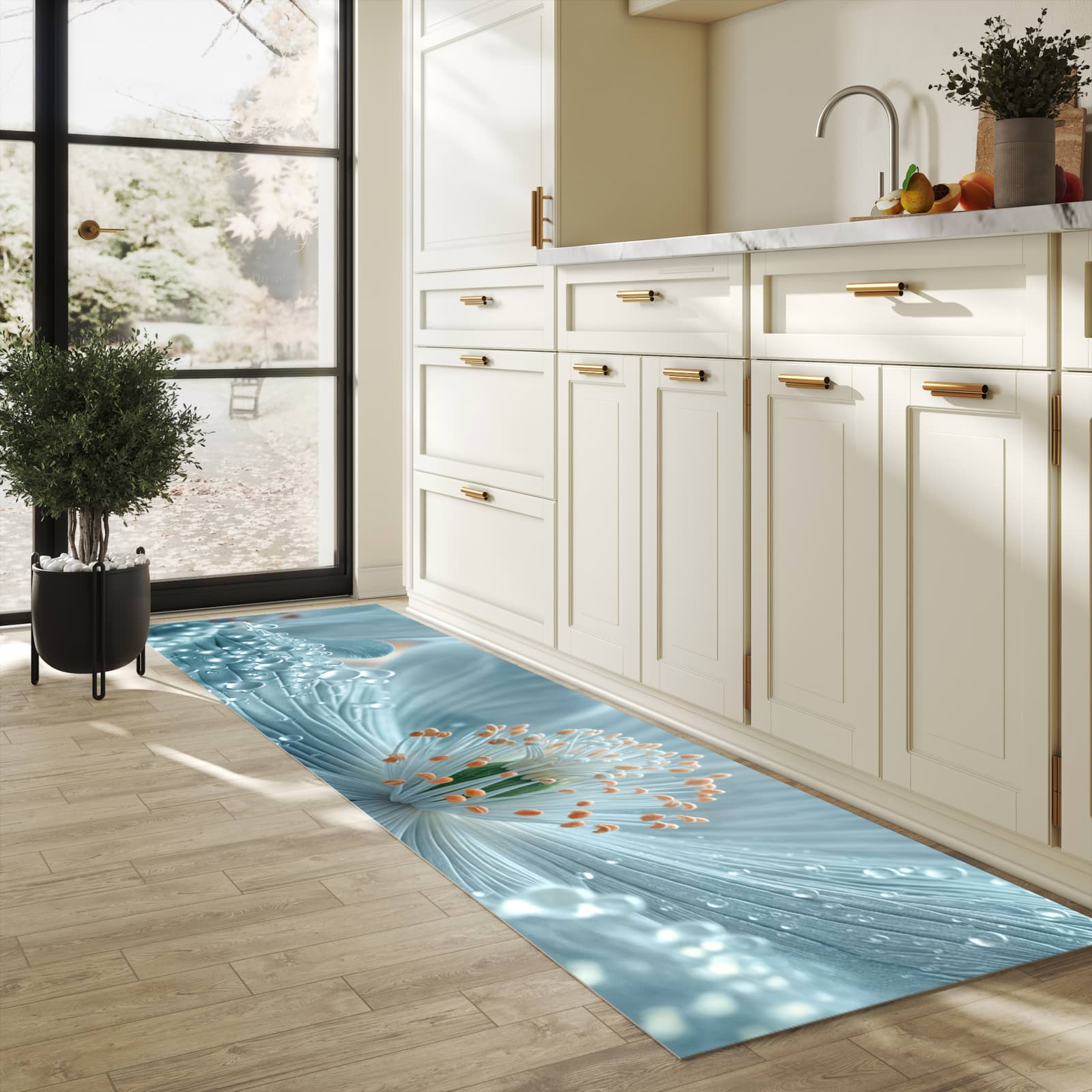 Rutschfester Küchenläufer mit Motiv Verträumte Blumenpracht in heller Küche