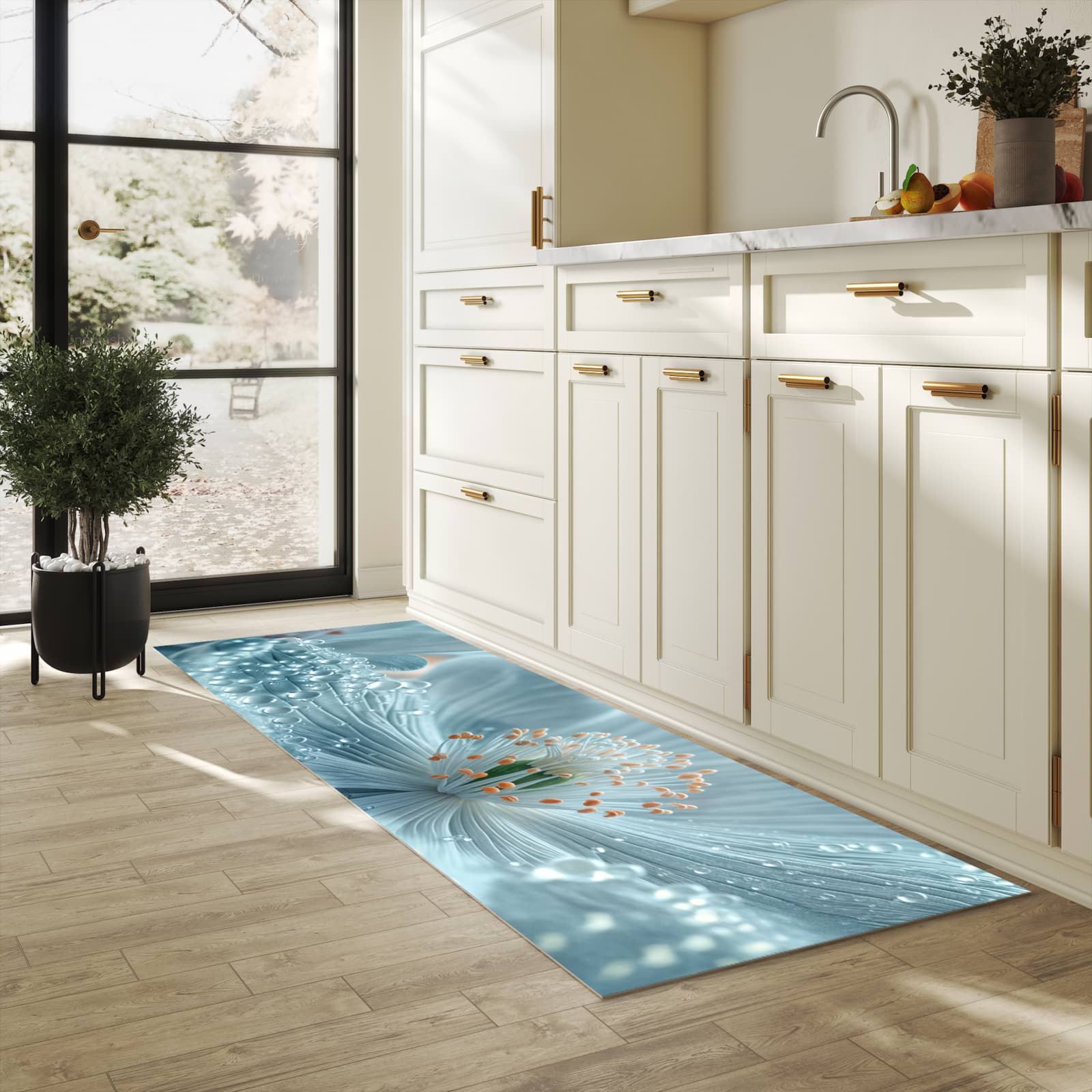 Pflegeleichter Küchenläufer mit Motiv Verträumte Blumenpracht in heller Küche