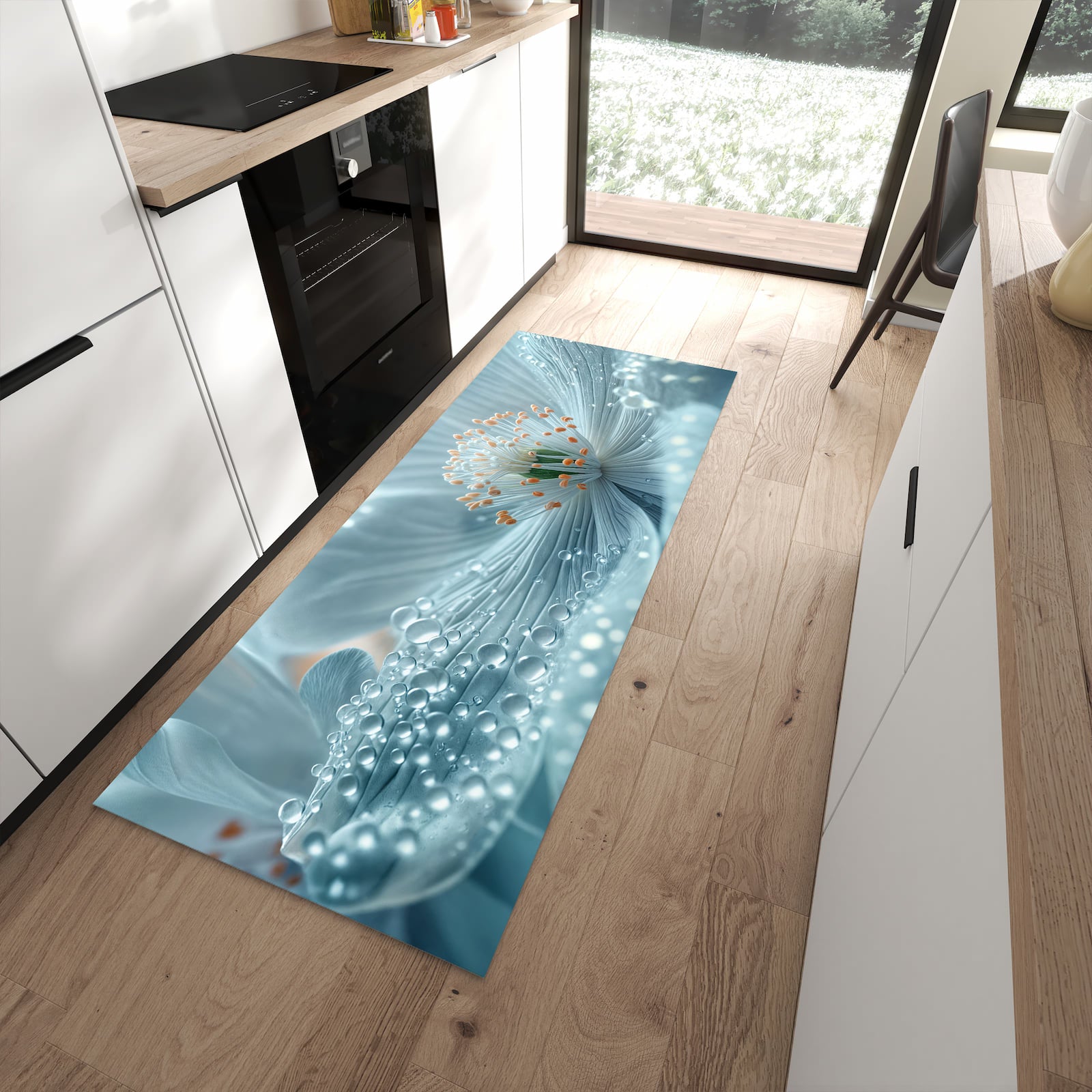 Waschbarer Küchenteppich mit Motiv Verträumte Blumenpracht in moderner Küche