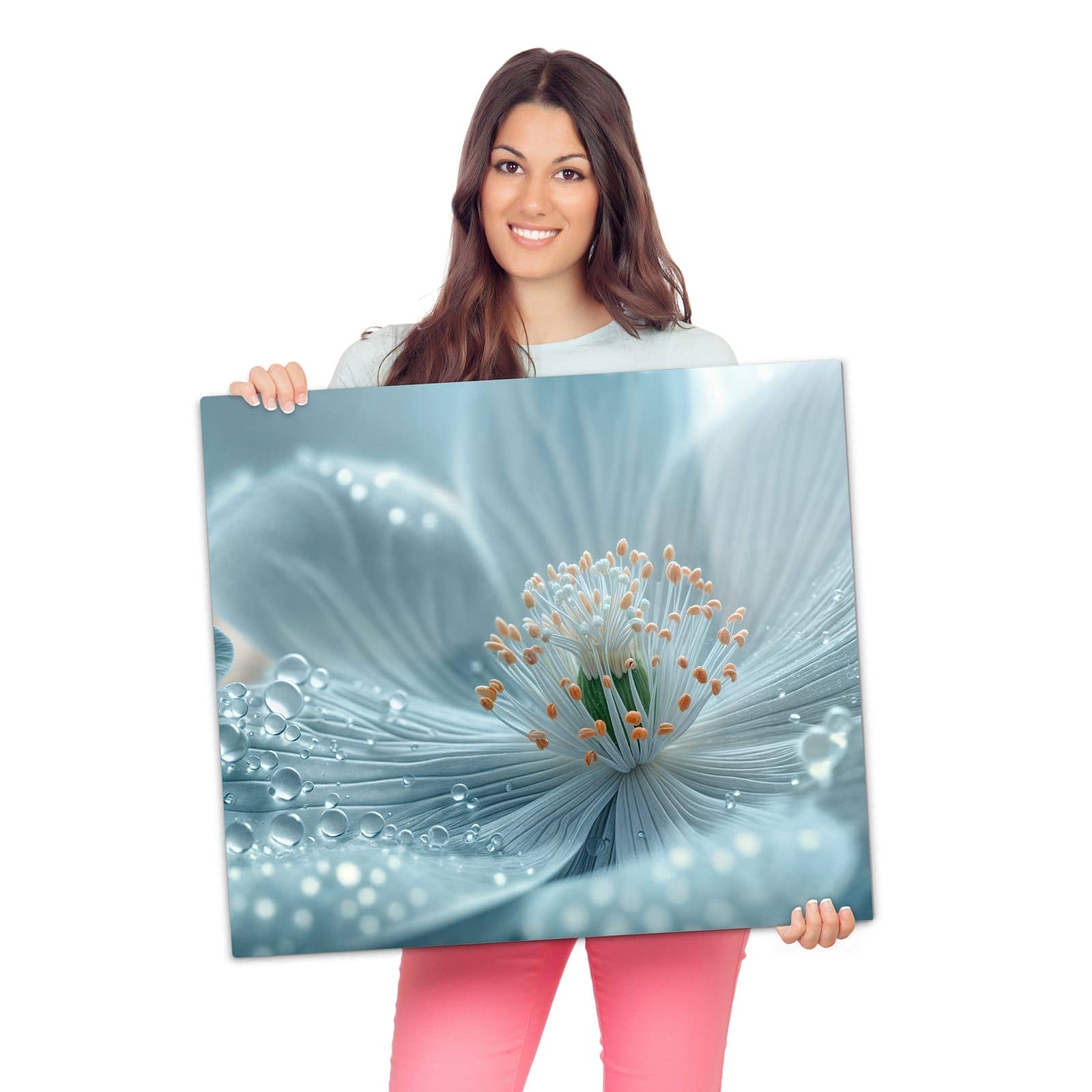 Herdabdeckplatten aus Glas mit Verträumte Blumenpracht-Motiv wird zur Größendarstellung gehalten