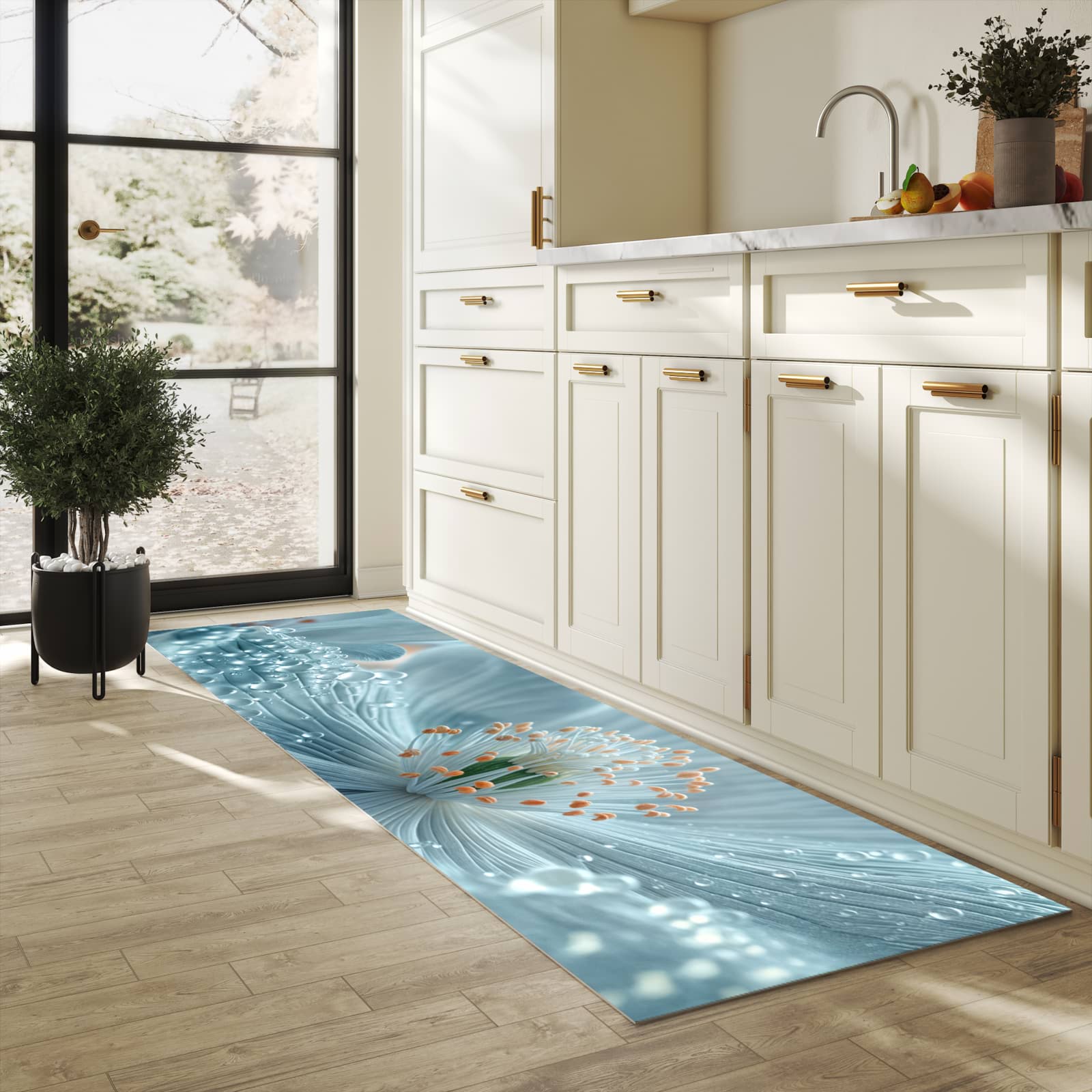 Komfortabler abwaschbarer Küchenteppich mit Motiv Verträumte Blumenpracht in heller Küche